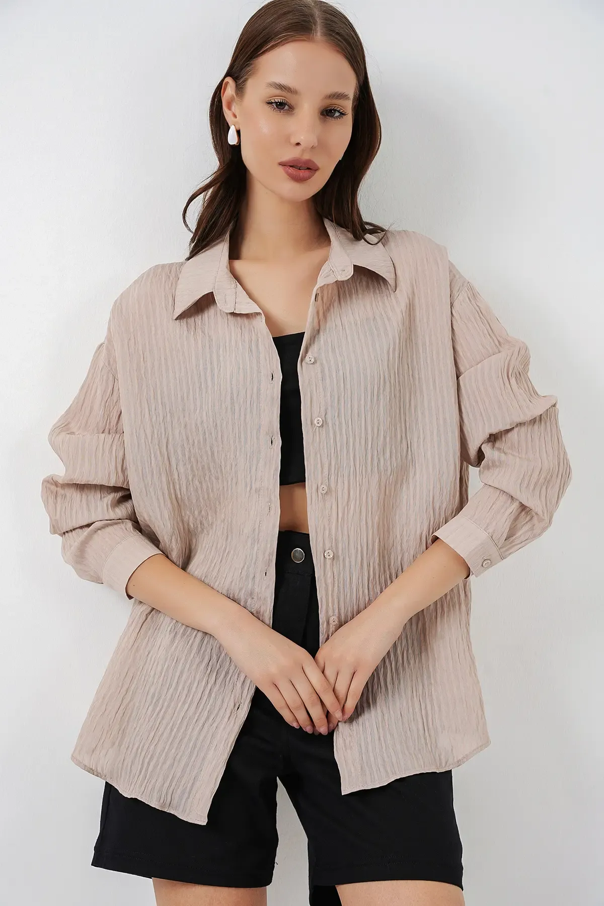 Kadın Uzun Oversize Gömlek 20320 - Bej