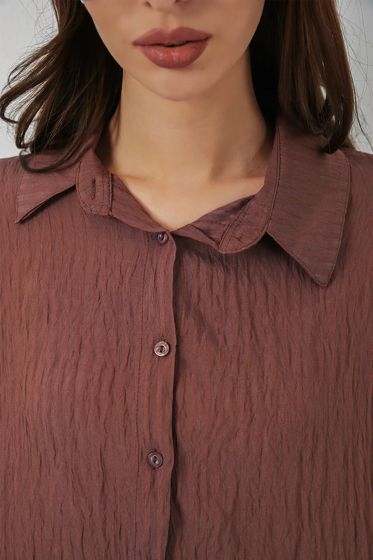 Kadın Uzun Oversize Gömlek 20320 - Kahverengi