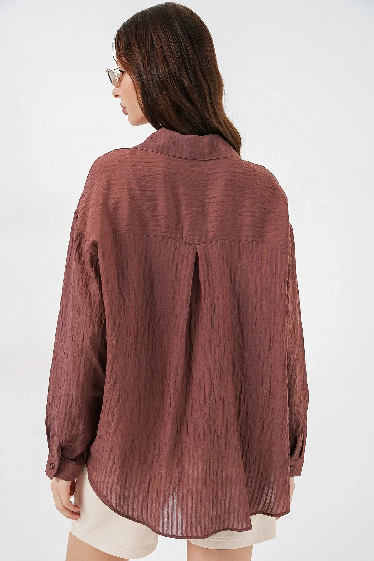 Kadın Uzun Oversize Gömlek 20320 - Kahverengi