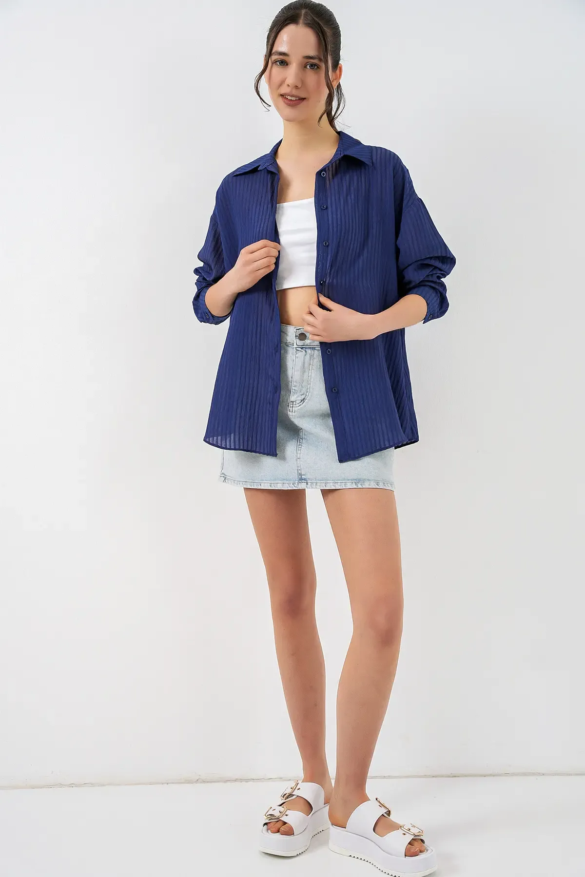 Kadın Uzun Oversize Gömlek 20320 - Lacivert