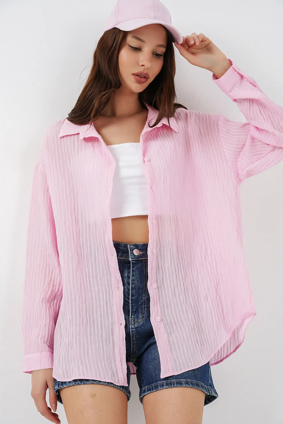 Kadın Uzun Oversize Gömlek 20320 - Pudra