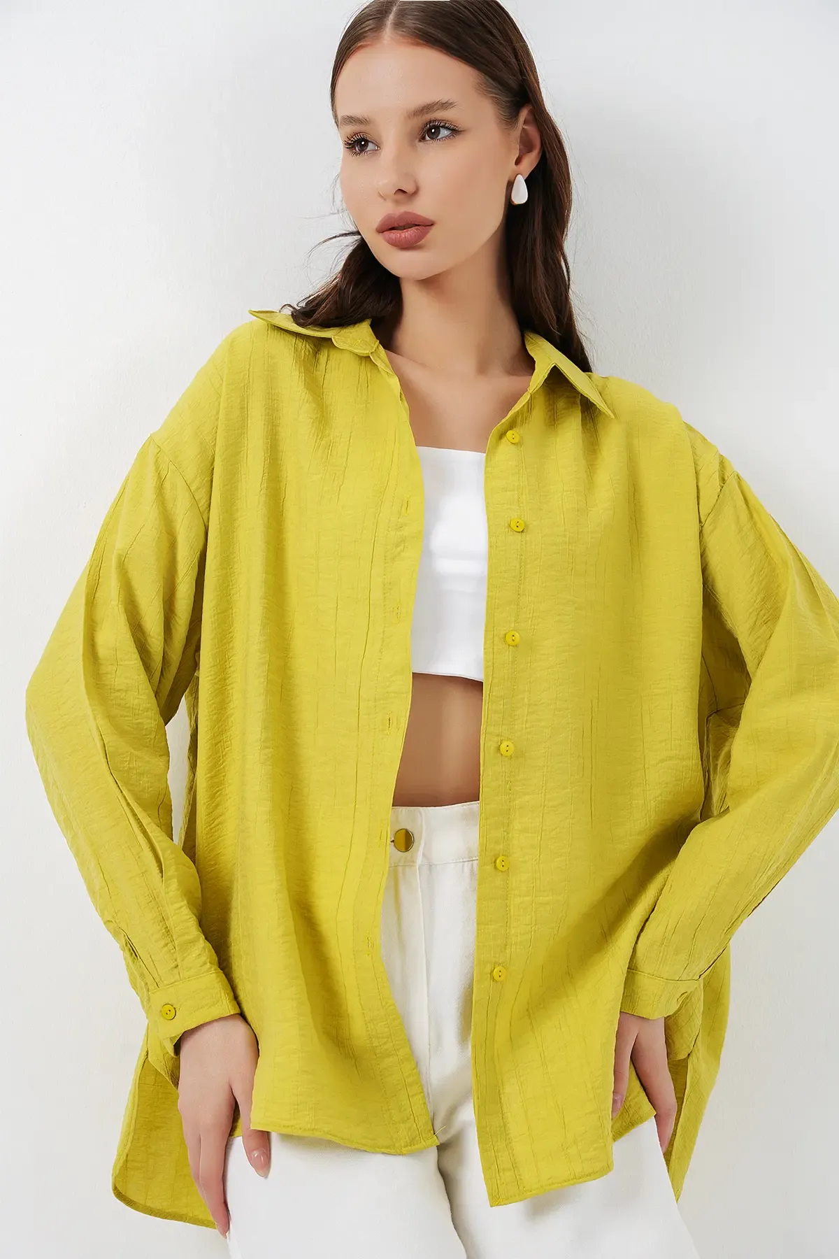 Kadın Uzun Oversize Gömlek 20334 - Hardal