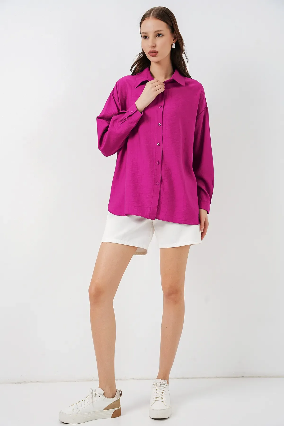 Kadın Uzun Oversize Gömlek 20334 - Koyu Pembe