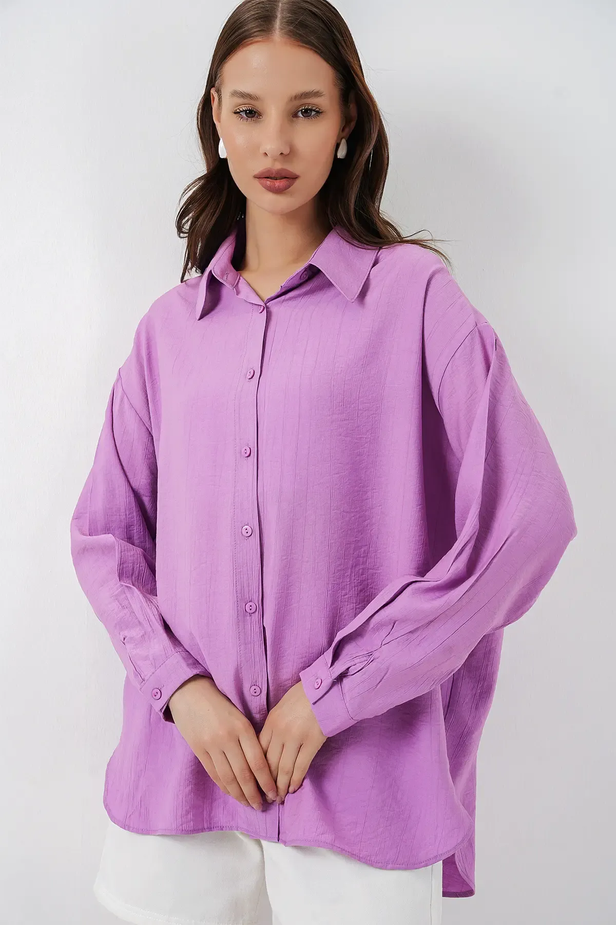 Kadın Uzun Oversize Gömlek 20334 - Lila