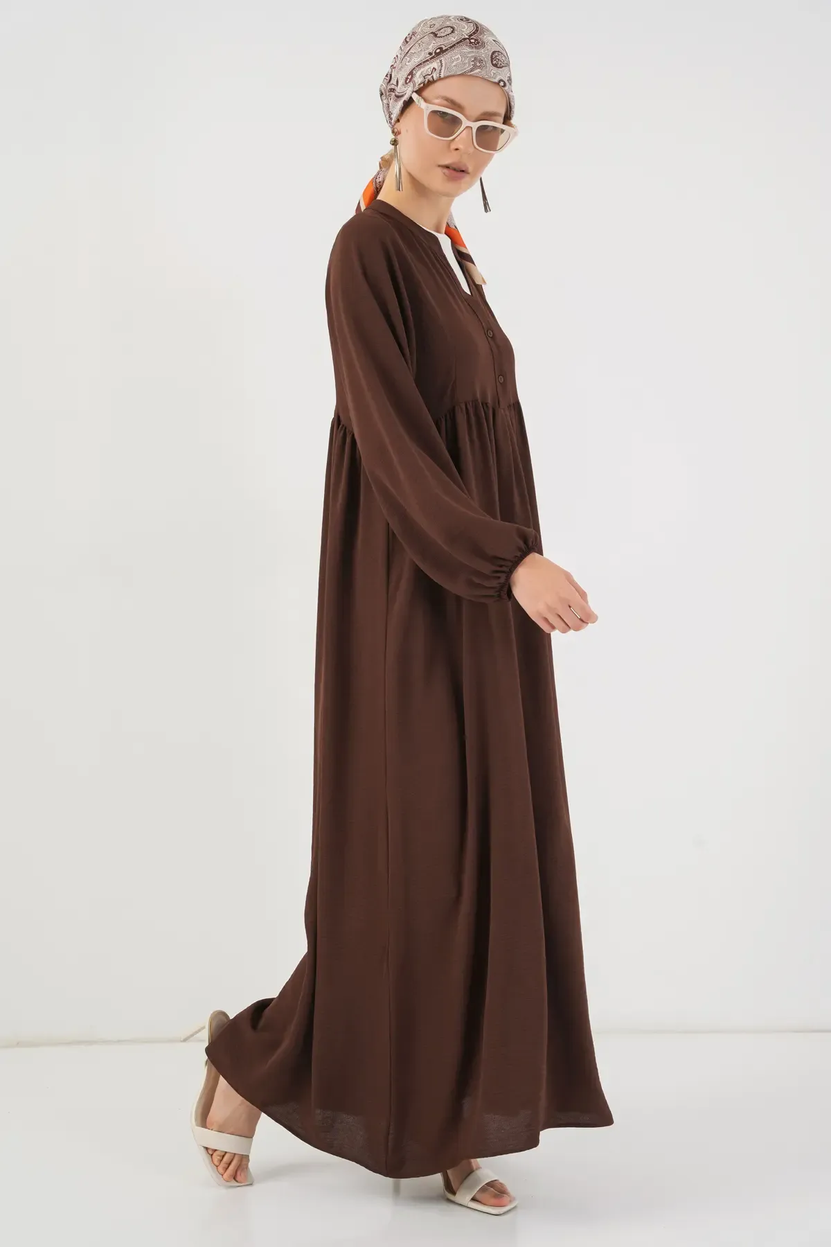 Kadın Uzun Tesettür Elbise 2525 - Kahverengi