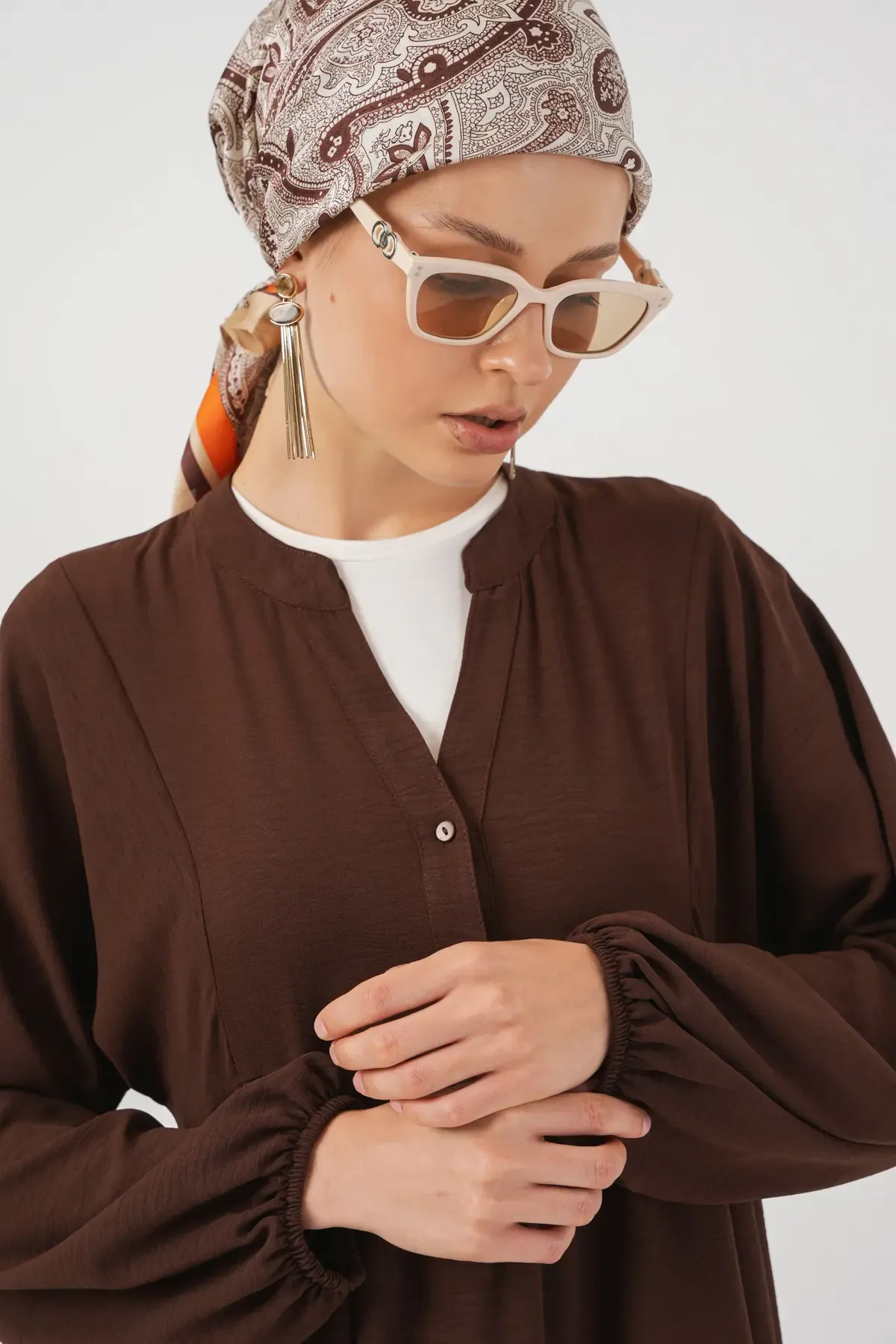 Kadın Uzun Tesettür Elbise 2525 - Kahverengi