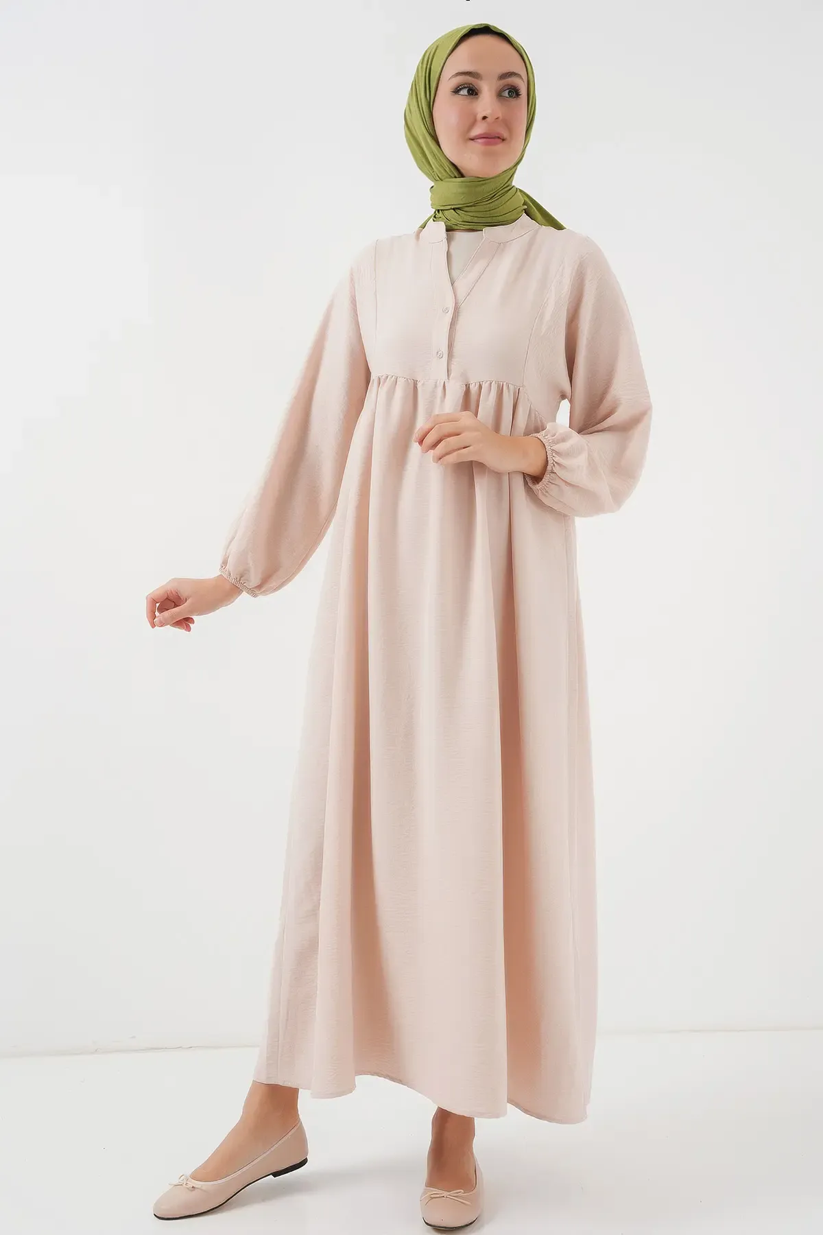 Kadın Uzun Tesettür Elbise 2525 - Krem