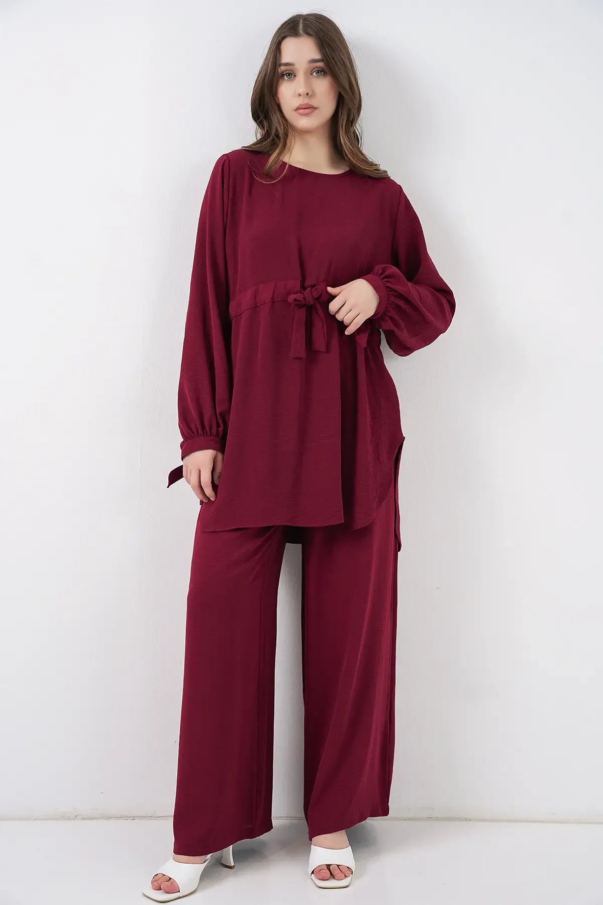 Kadın Uzun Tunik Pantolon İkili Takım 6719 - Bordo