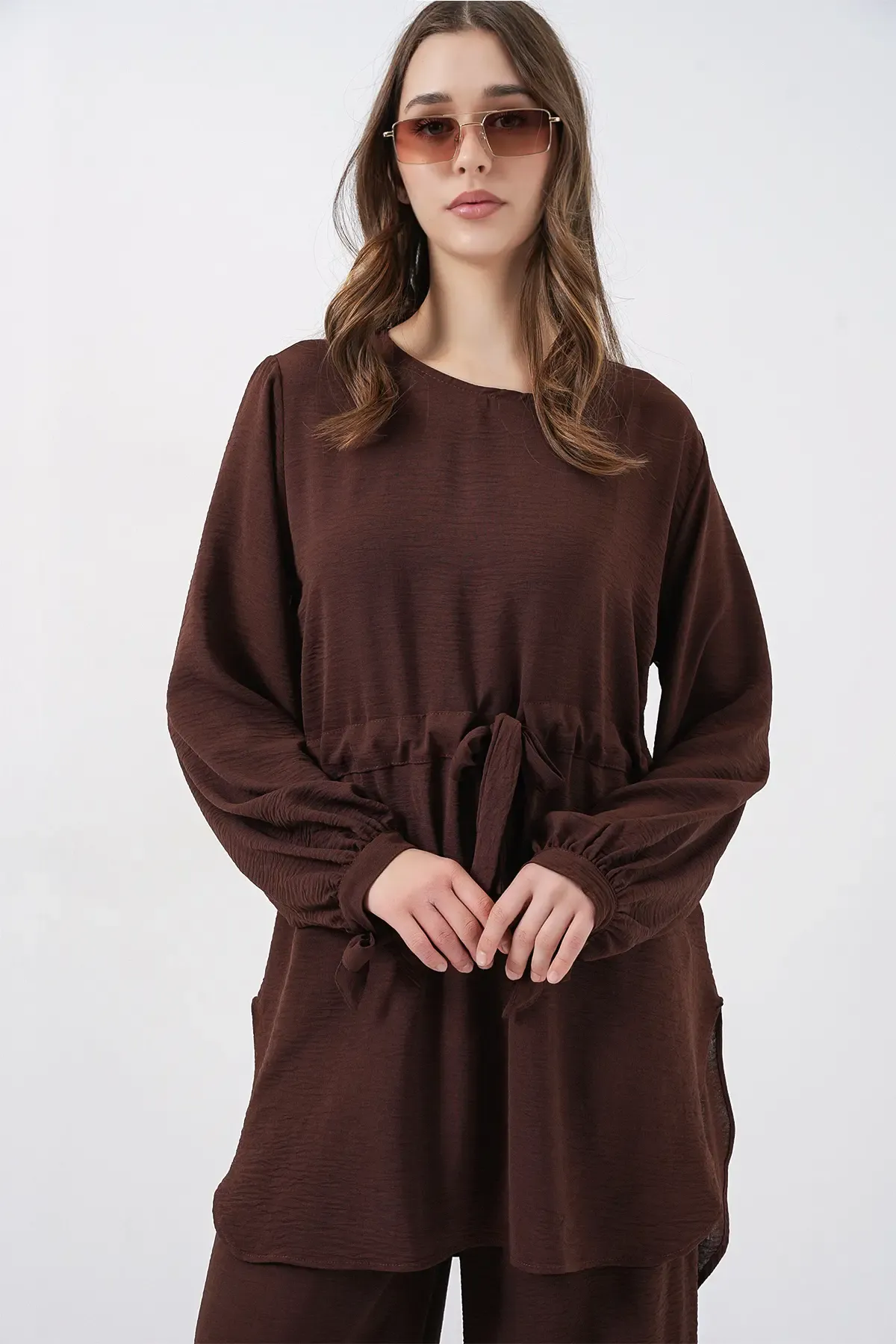 Kadın Uzun Tunik Pantolon İkili Takım 6719 - Kahverengi