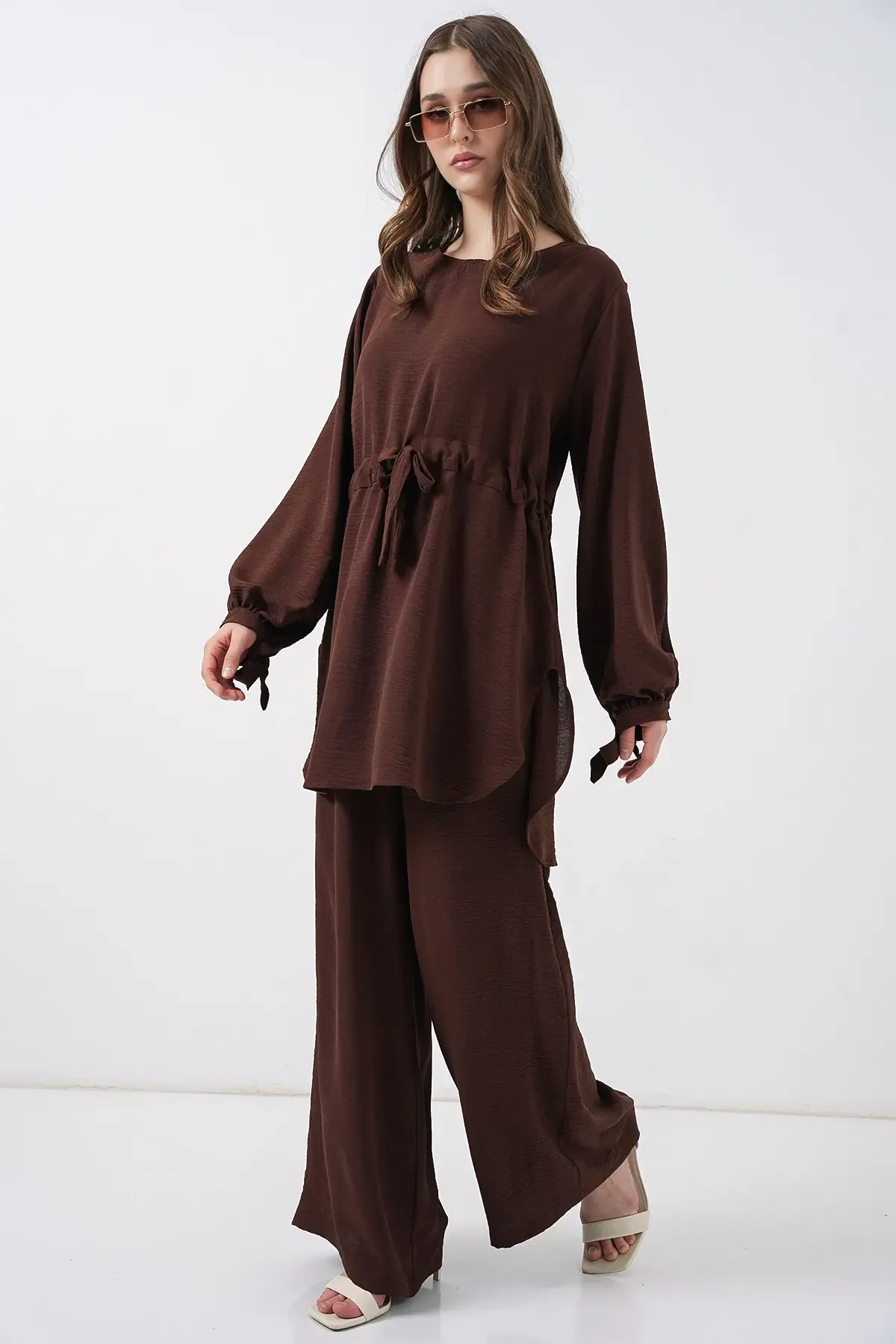 Kadın Uzun Tunik Pantolon İkili Takım 6719 - Kahverengi