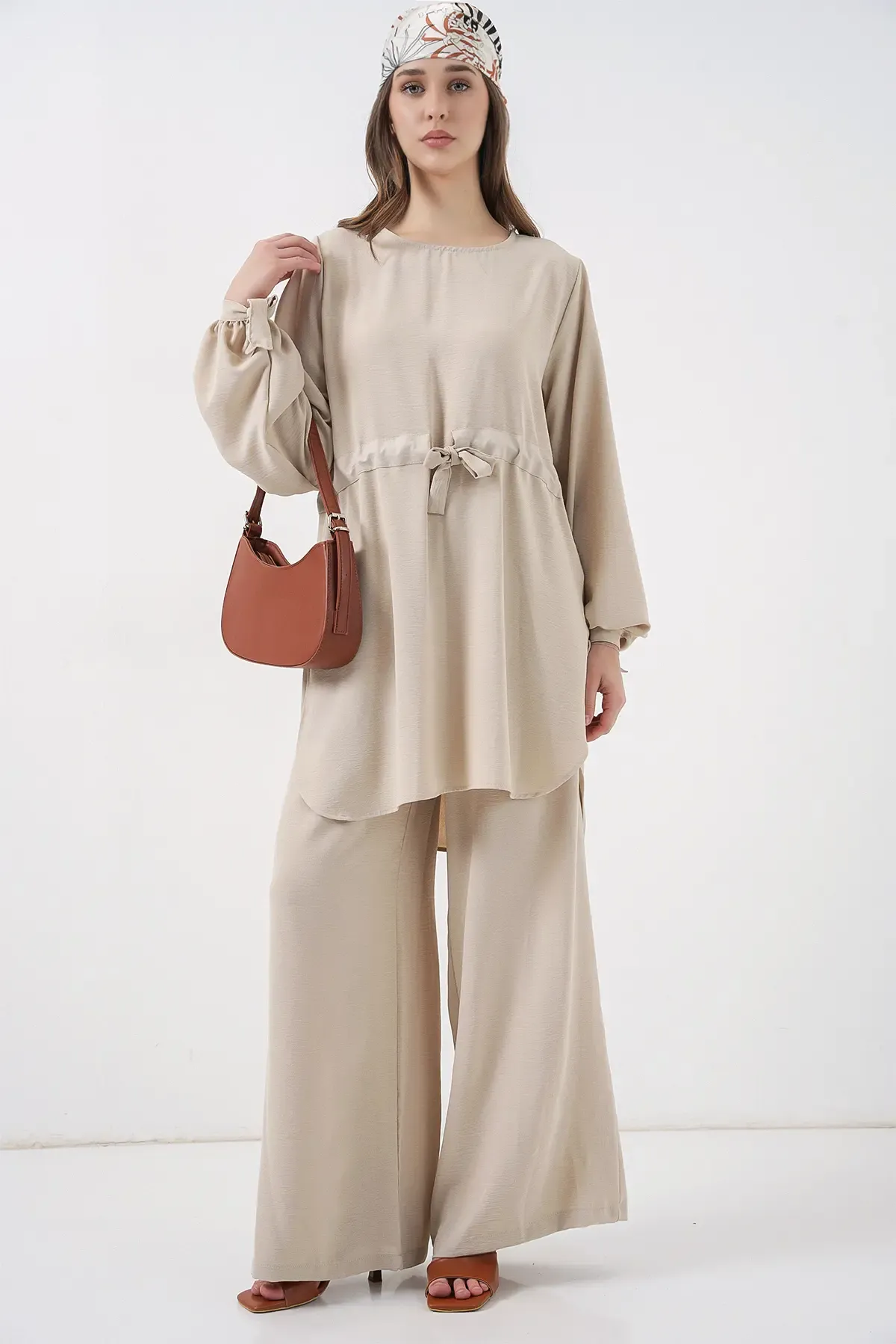 Kadın Uzun Tunik Pantolon İkili Takım 6719 - Krem