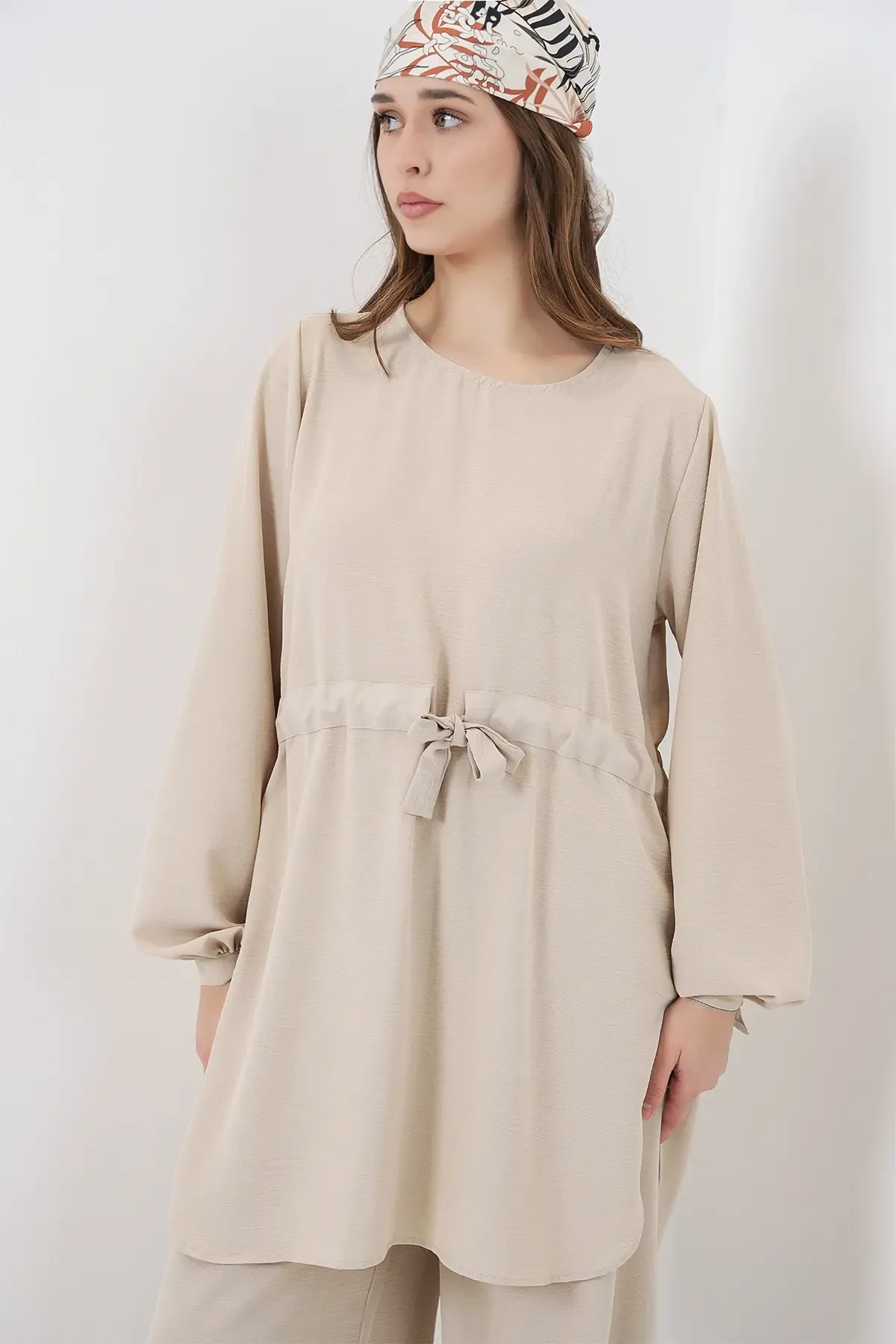 Kadın Uzun Tunik Pantolon İkili Takım 6719 - Krem