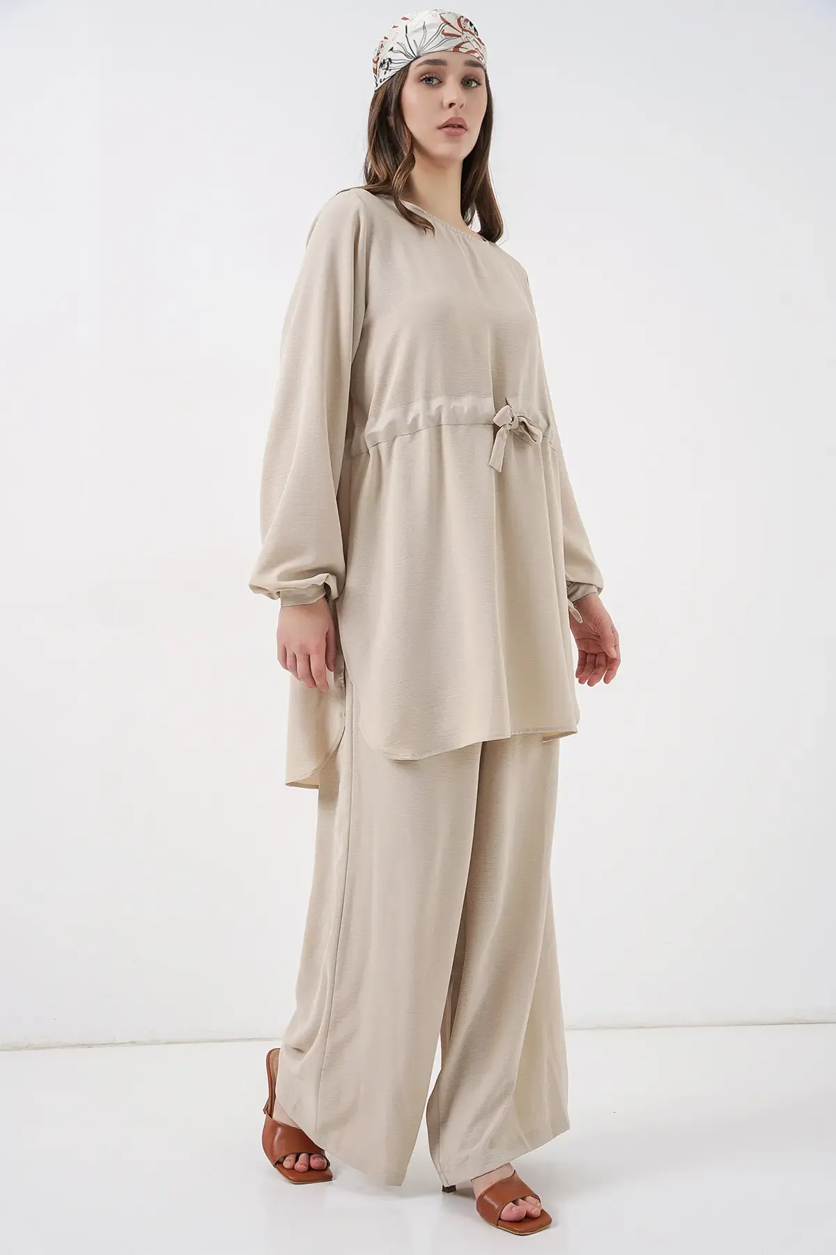 Kadın Uzun Tunik Pantolon İkili Takım 6719 - Krem