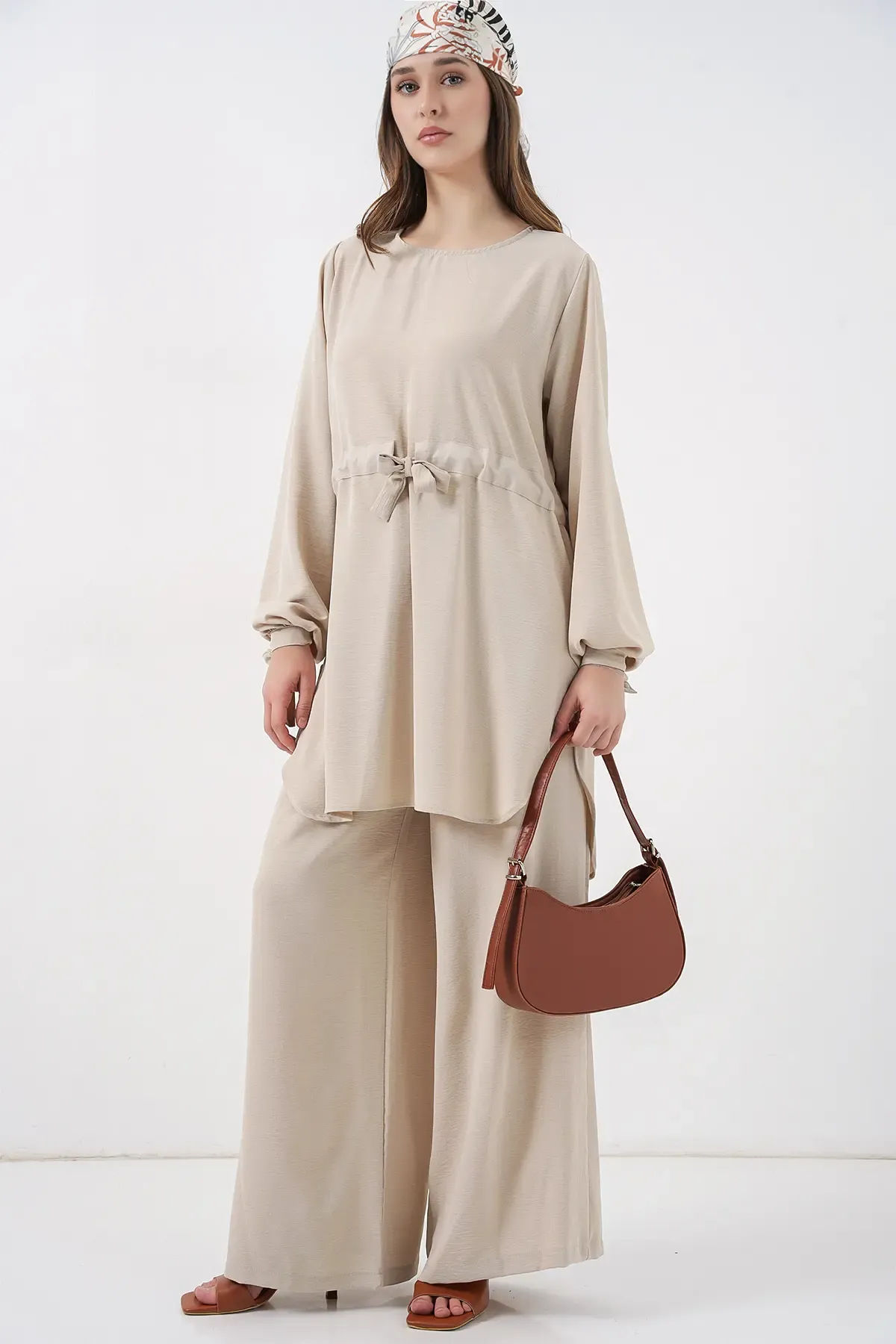 Kadın Uzun Tunik Pantolon İkili Takım 6719 - Krem