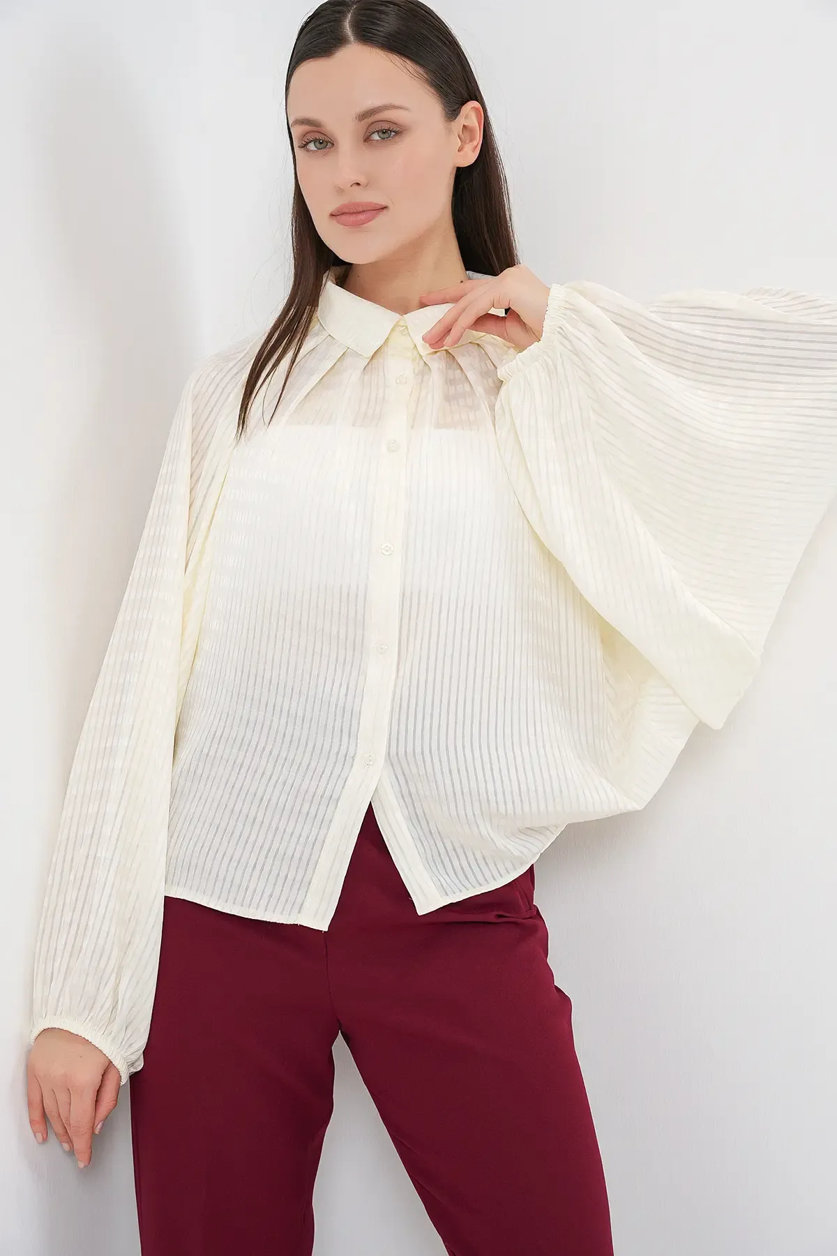 Kadın Yarasa Kol Oversize Gömlek 20368 - Ekru