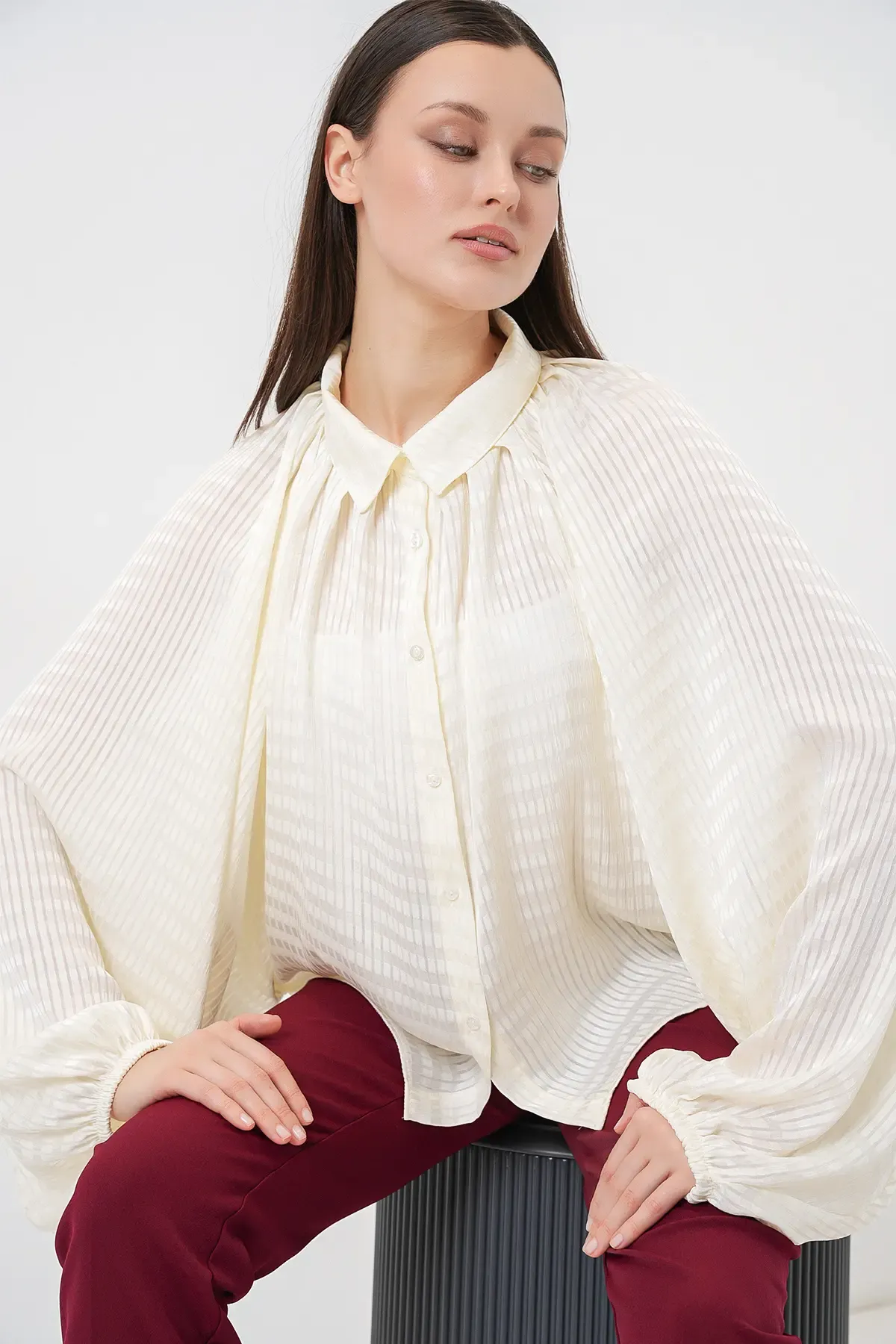 Kadın Yarasa Kol Oversize Gömlek 20368 - Ekru