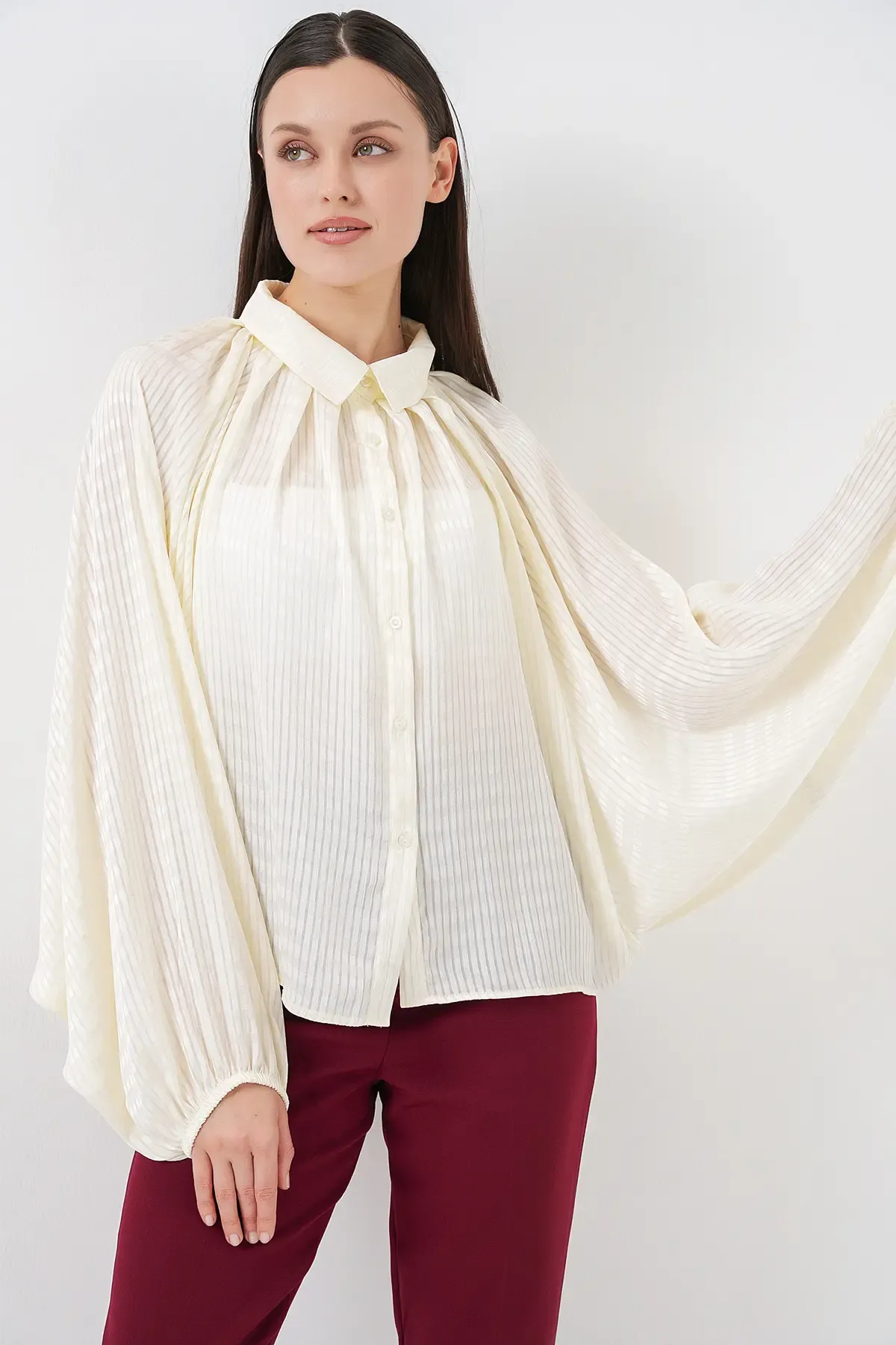 Kadın Yarasa Kol Oversize Gömlek 20368 - Ekru
