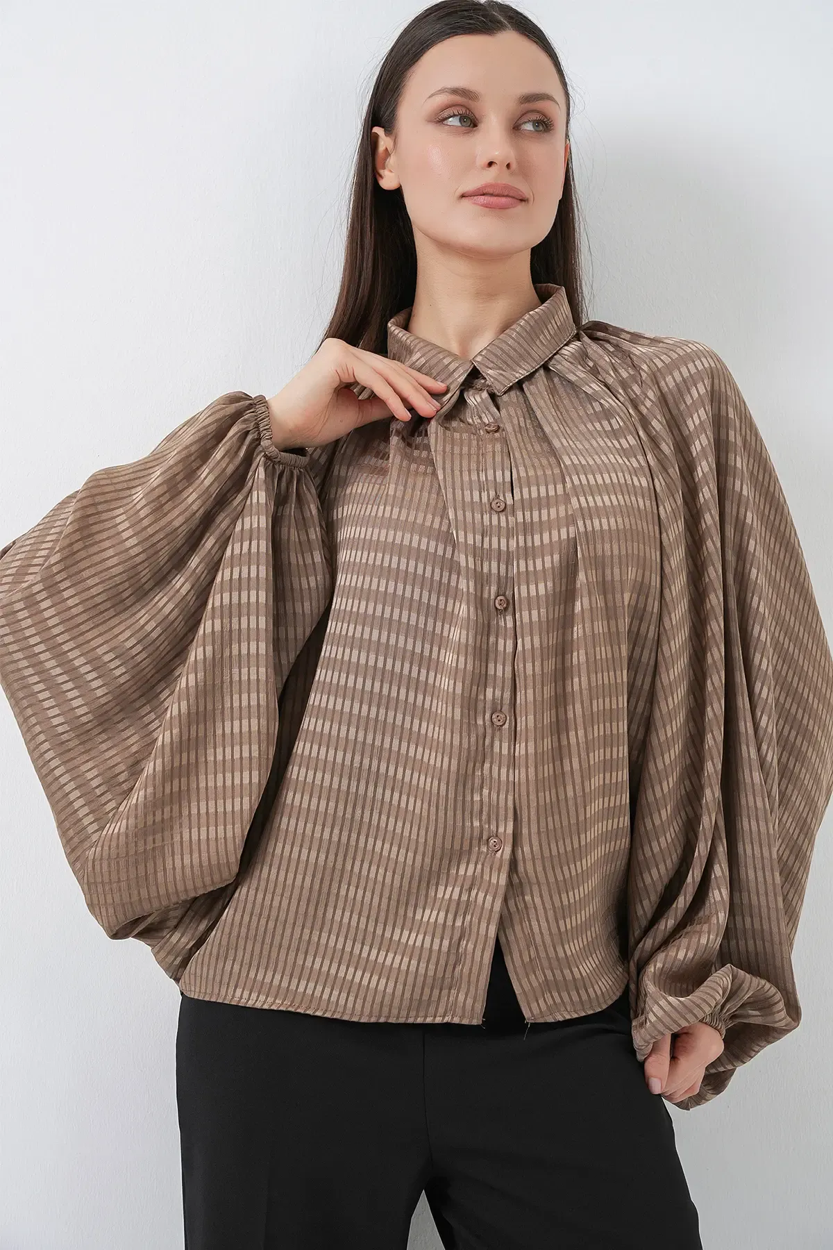 Kadın Yarasa Kol Oversize Gömlek 20368 - Sütlü Kahve