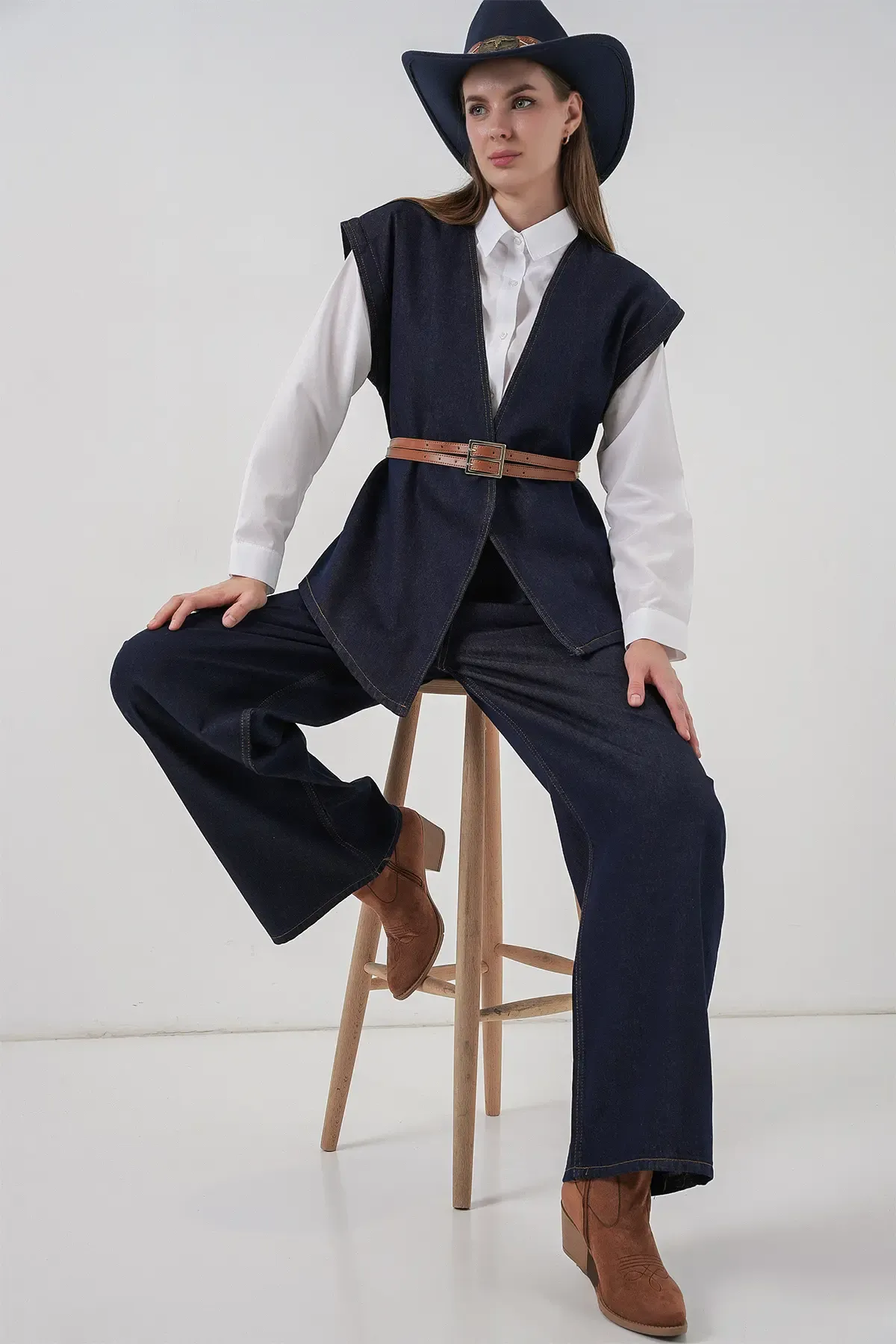 Kadın Yelek Pantolon Kot İkili Takım 30062 - Koyu Mavi