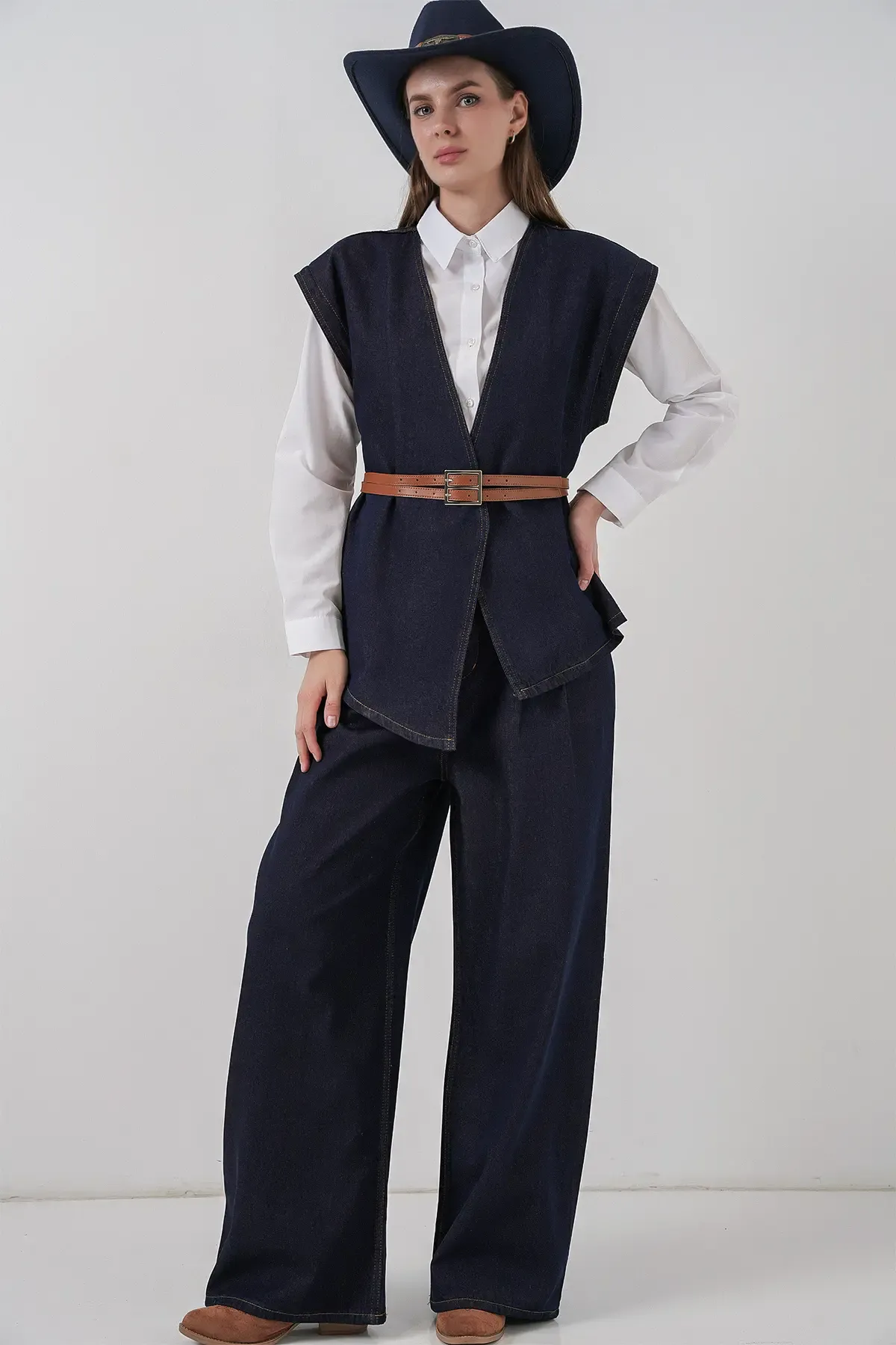 Kadın Yelek Pantolon Kot İkili Takım 30062 - Koyu Mavi