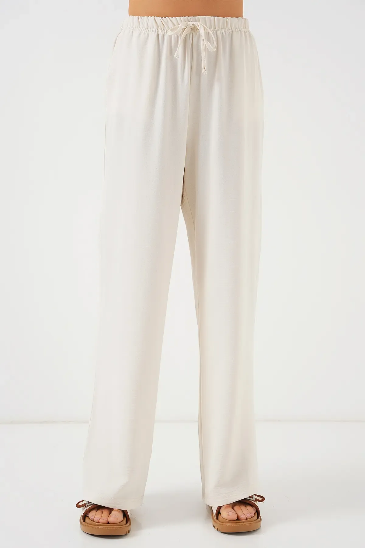 Kadın Yüksek Bel Bol Paça Pantolon - Krem