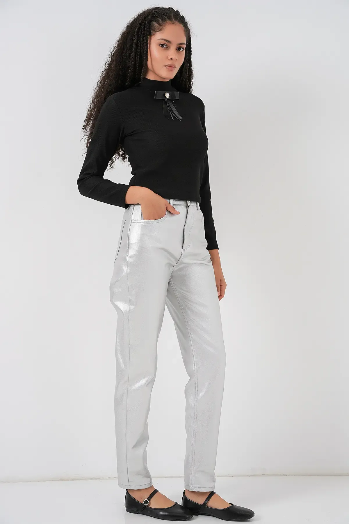 Kadın Yüksek Bel Parlak Pantolon 6738 - Gümüş