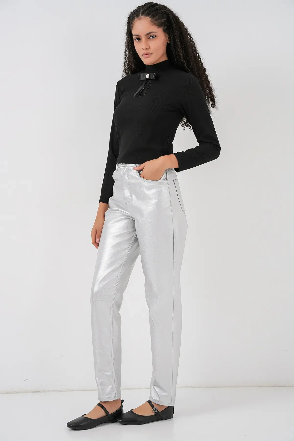 Kadın Yüksek Bel Parlak Pantolon 6738 - Gümüş