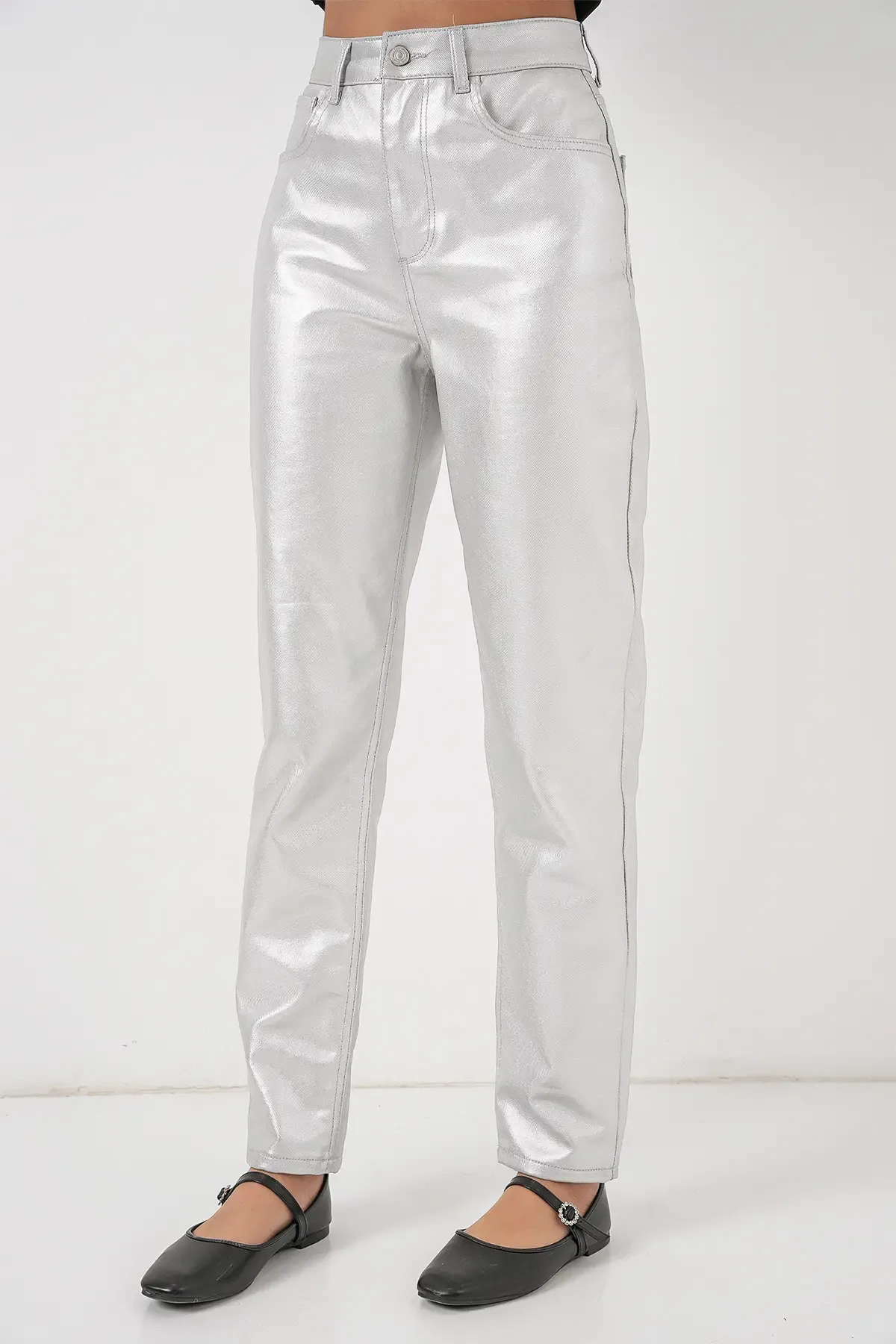 Kadın Yüksek Bel Parlak Pantolon 6738 - Gümüş
