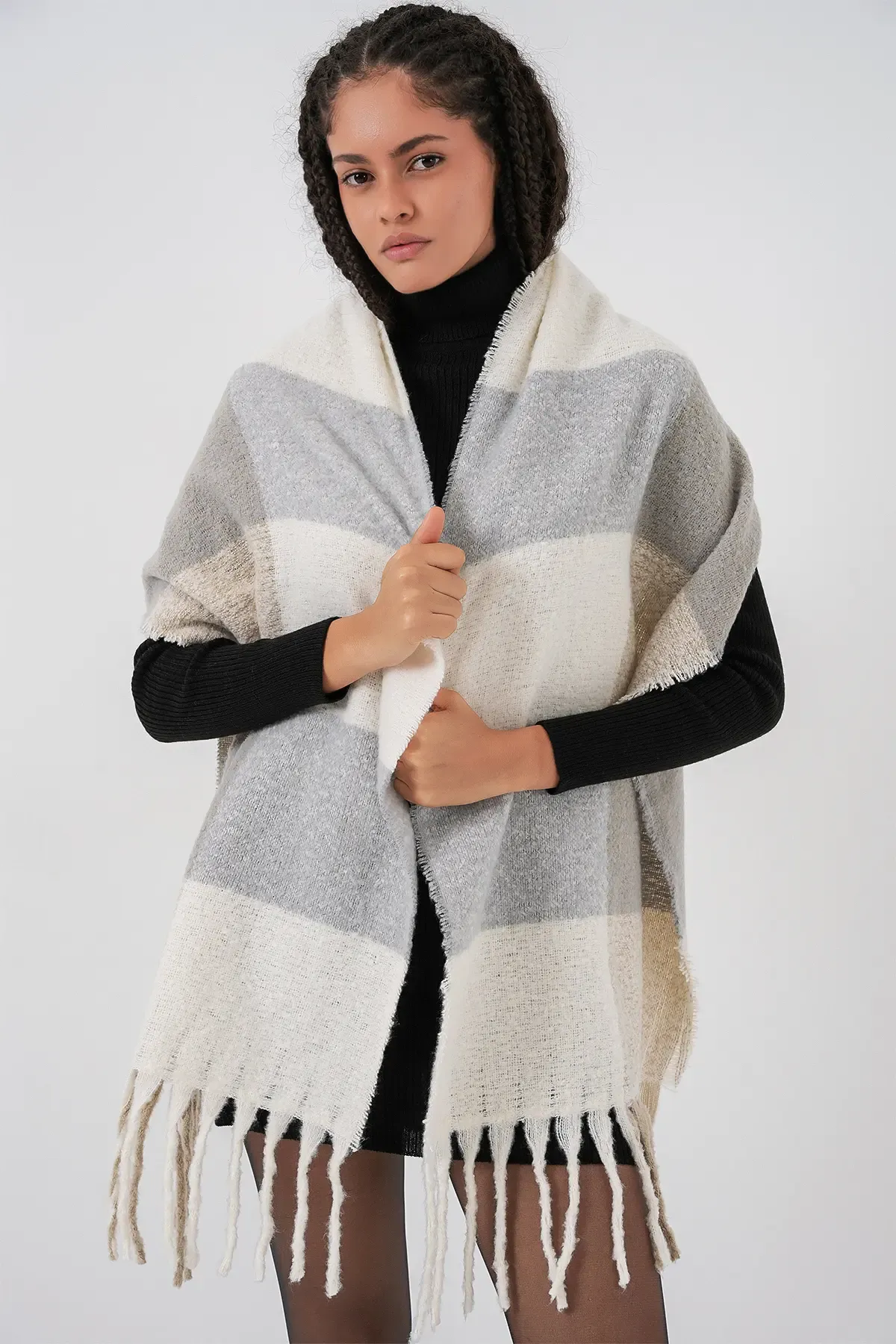 Kadın Yumuşak Dokulu Kalın Şal Atkı 15951 - A.Gri