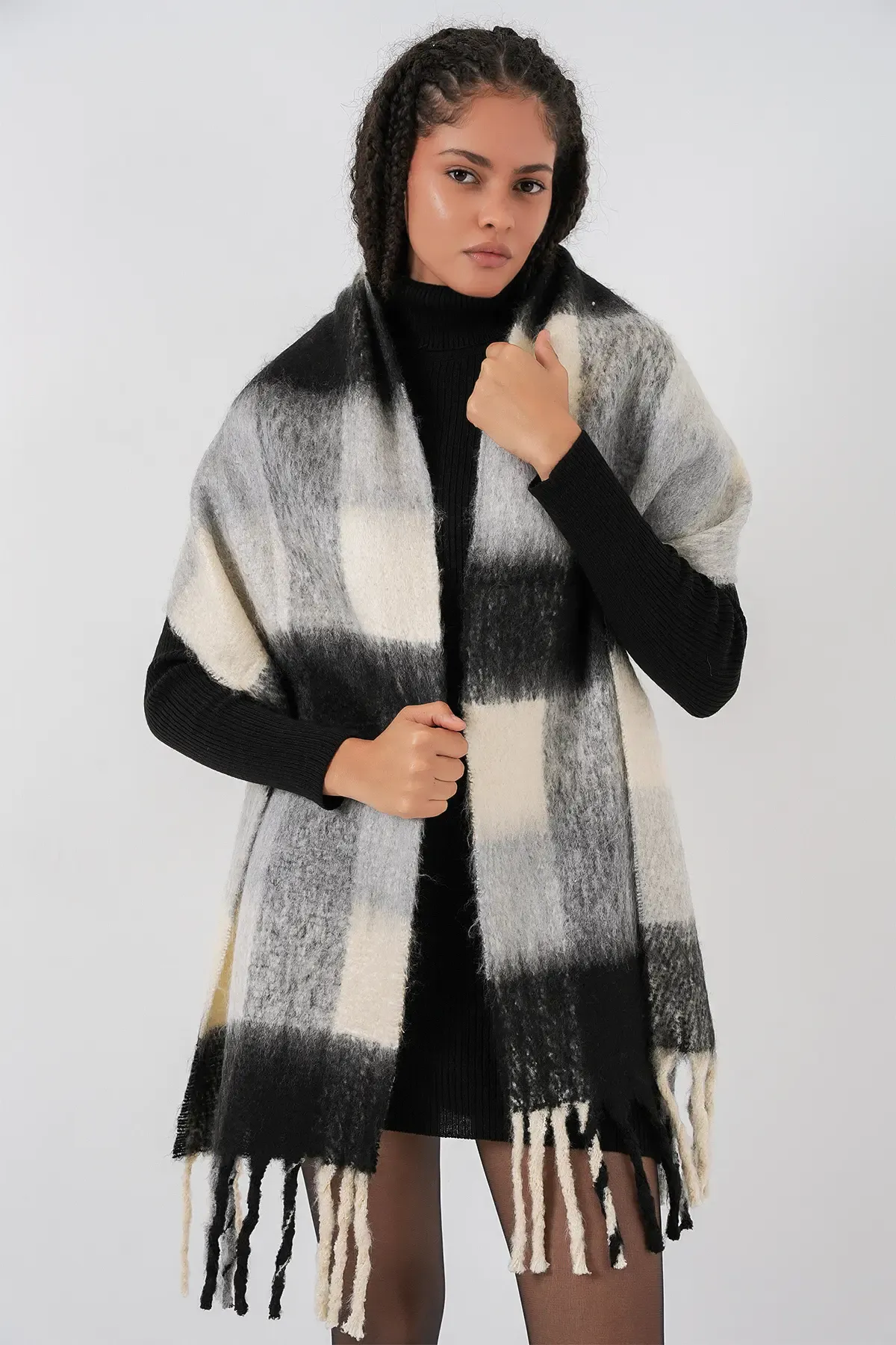 Kadın Yumuşak Dokulu Kalın Şal Atkı 15951 - A.Siyah