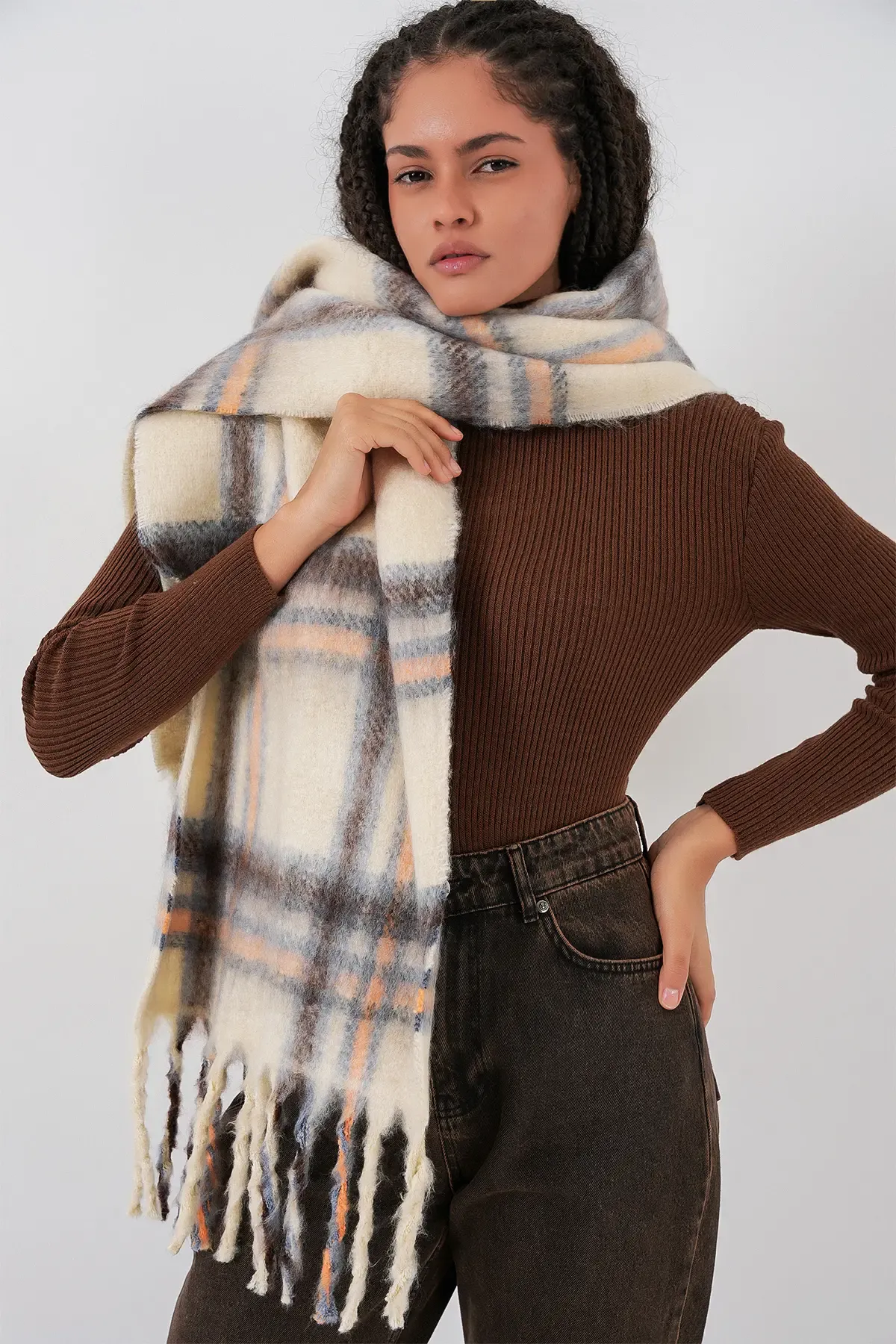 Kadın Yumuşak Dokulu Kalın Şal Atkı 15951 - C. Bej