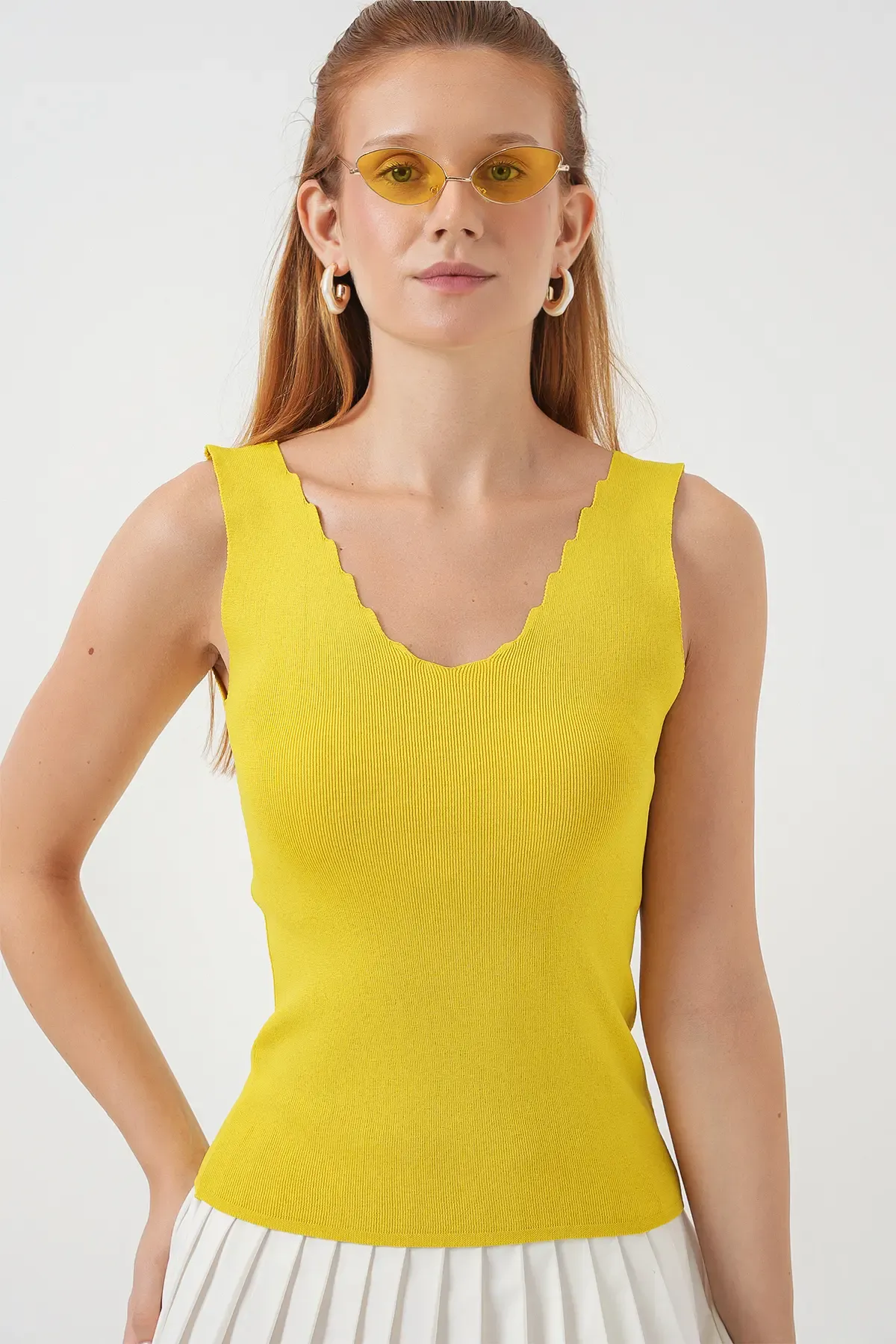 Kadın Zikzaklı V Yaka Bluz 15930 - Sarı