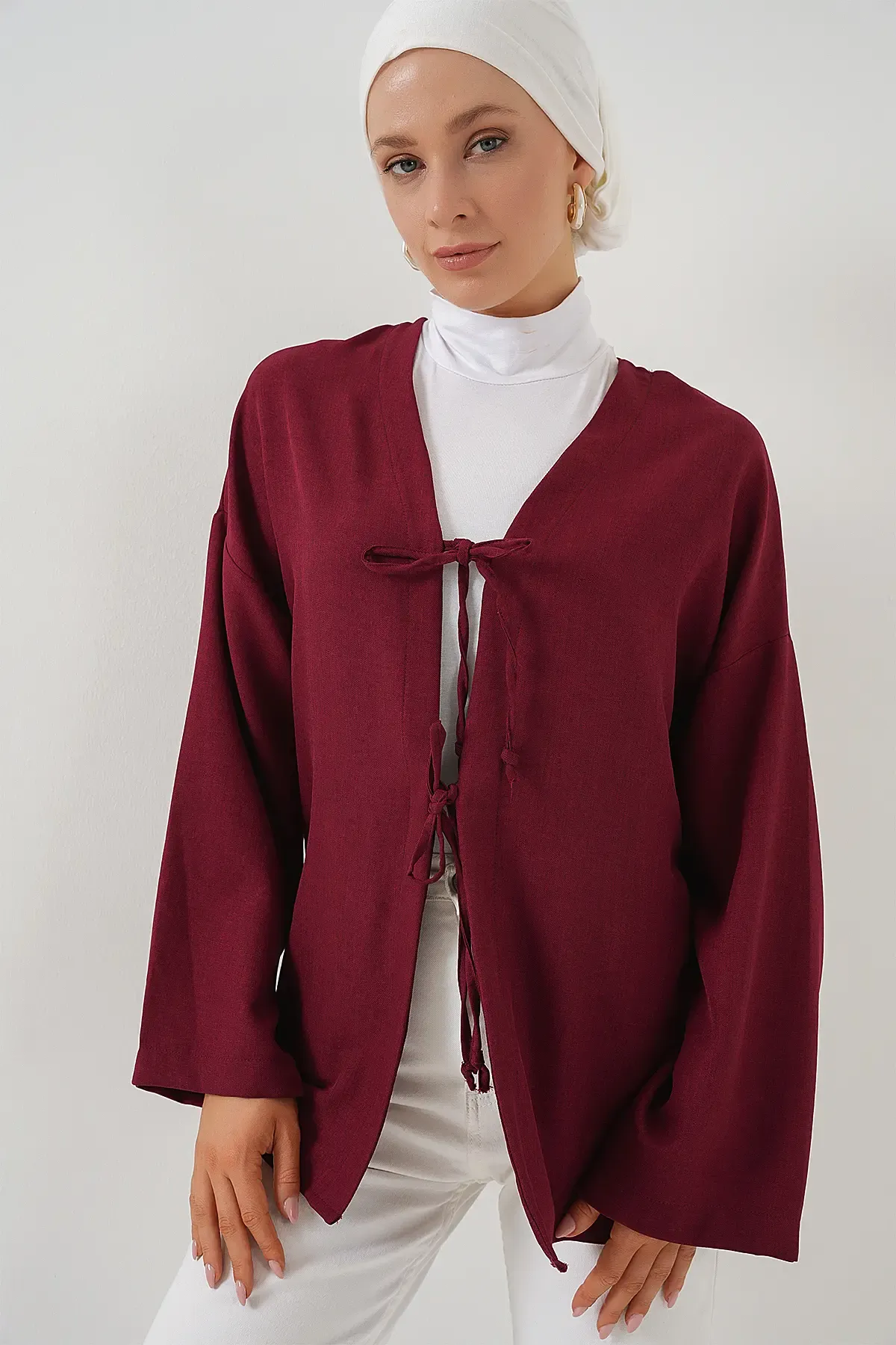 Keten Tesettür Kimono 5968 - Bordo