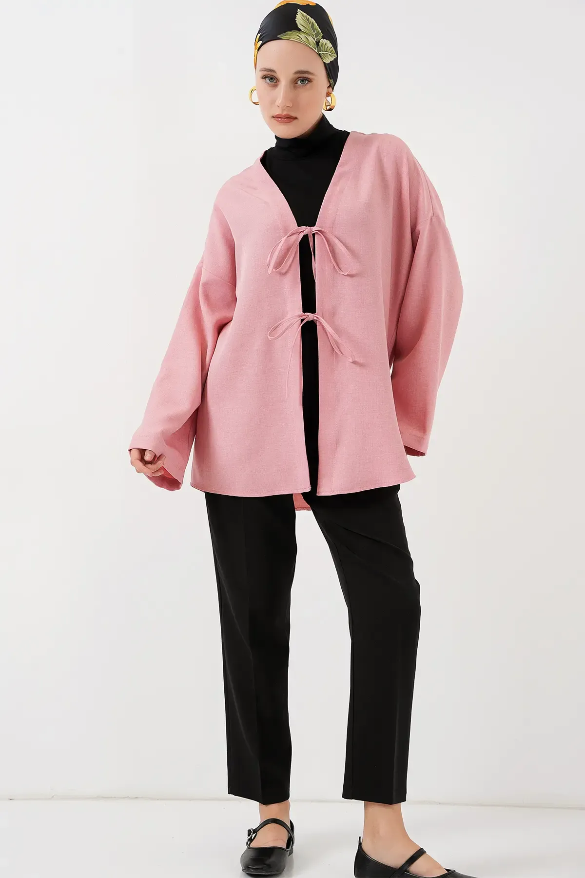 Keten Tesettür Kimono 5968 - Pudra