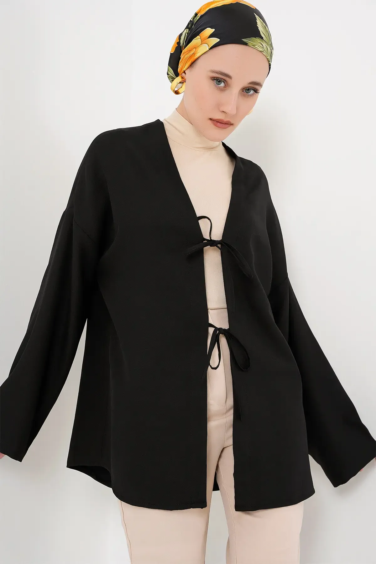 Keten Tesettür Kimono 5968 - Siyah
