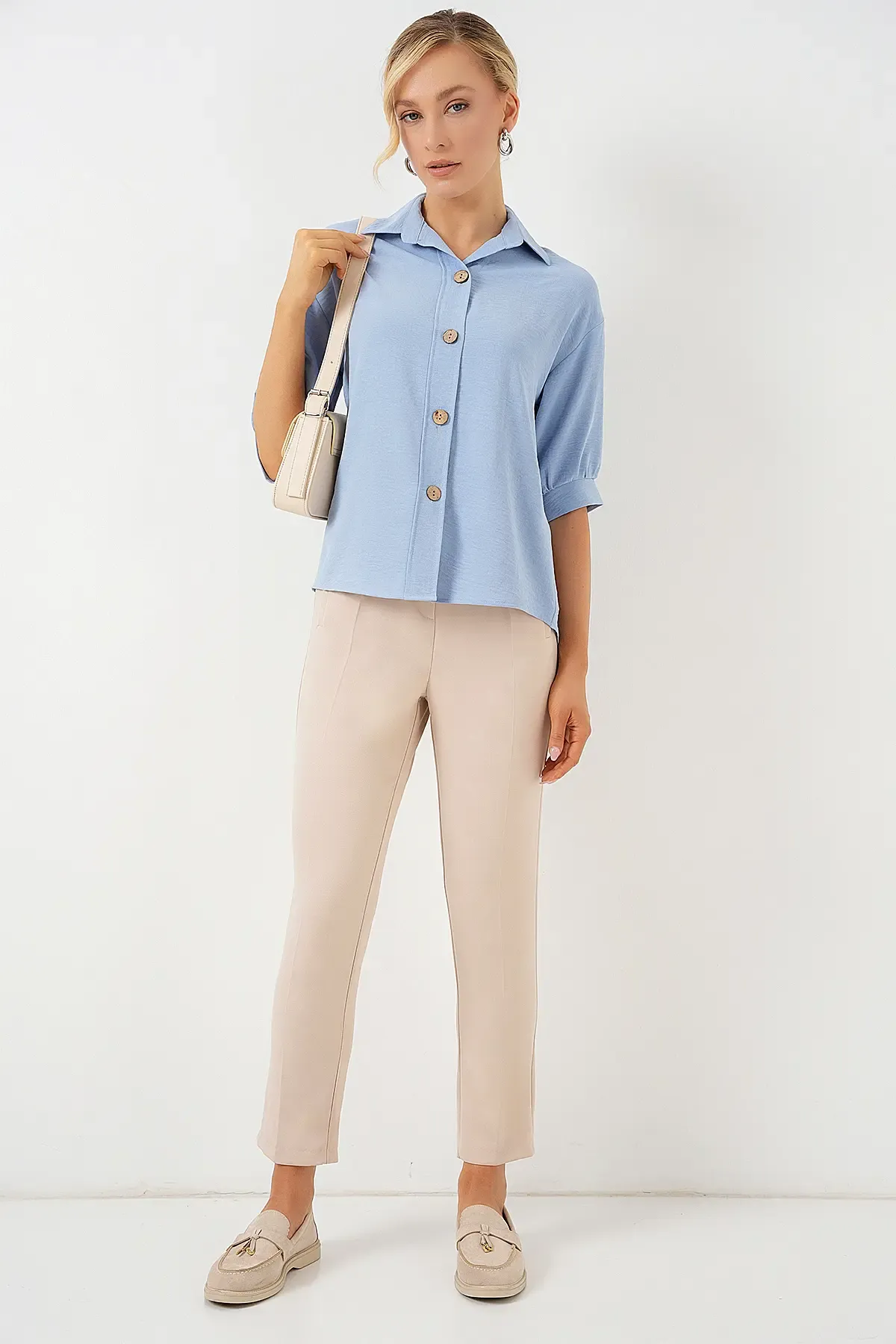 Kısa Kol Oversize Keten Gömlek 20240 - B.Mavi