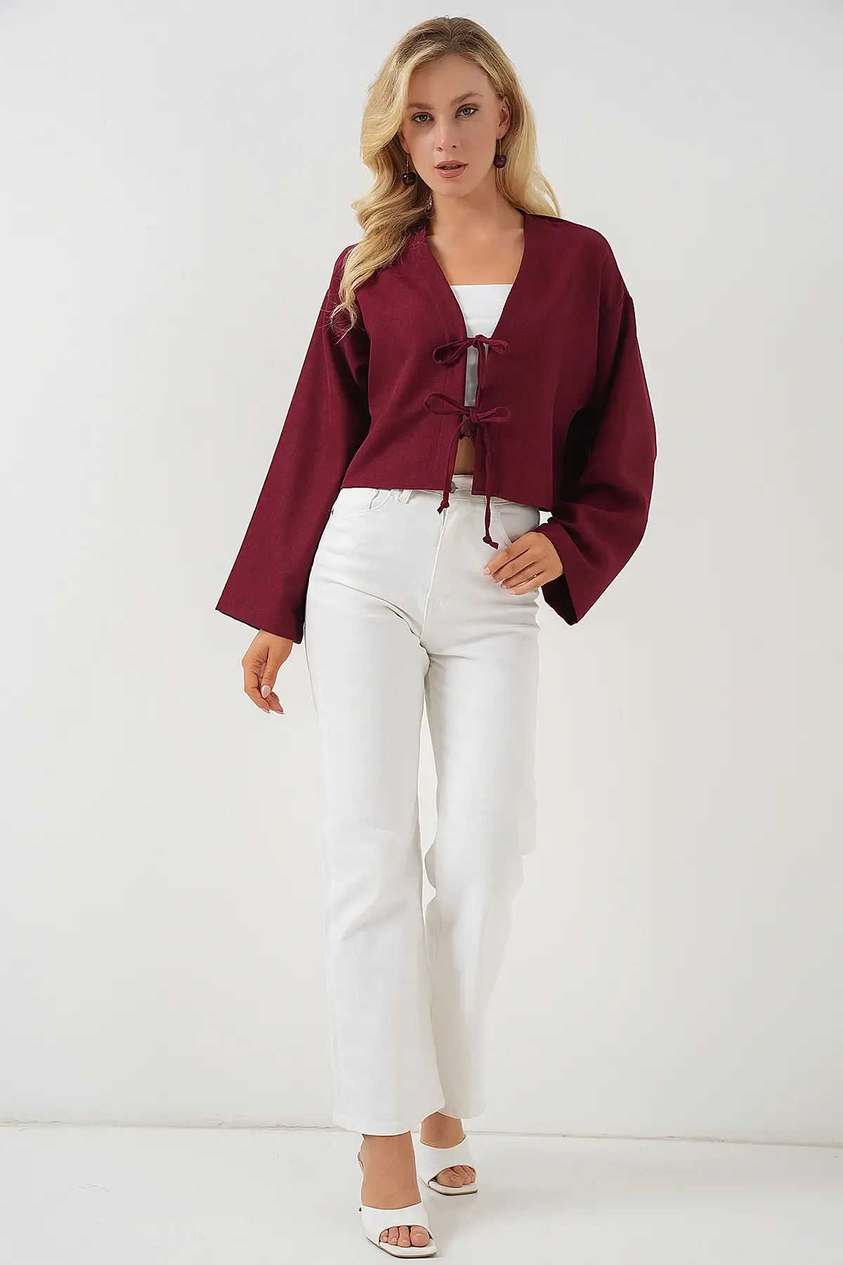 Önü Bağlamalı Keten Kimono 960 - Bordo