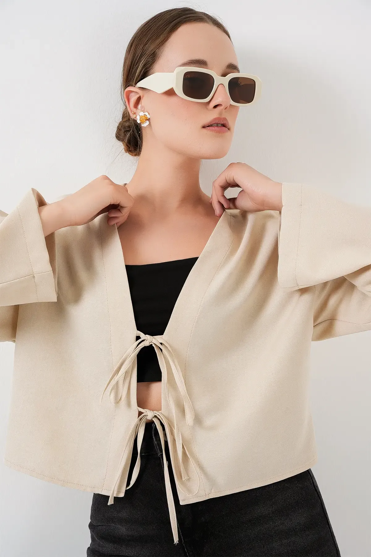 Önü Bağlamalı Keten Kimono 960 - Krem