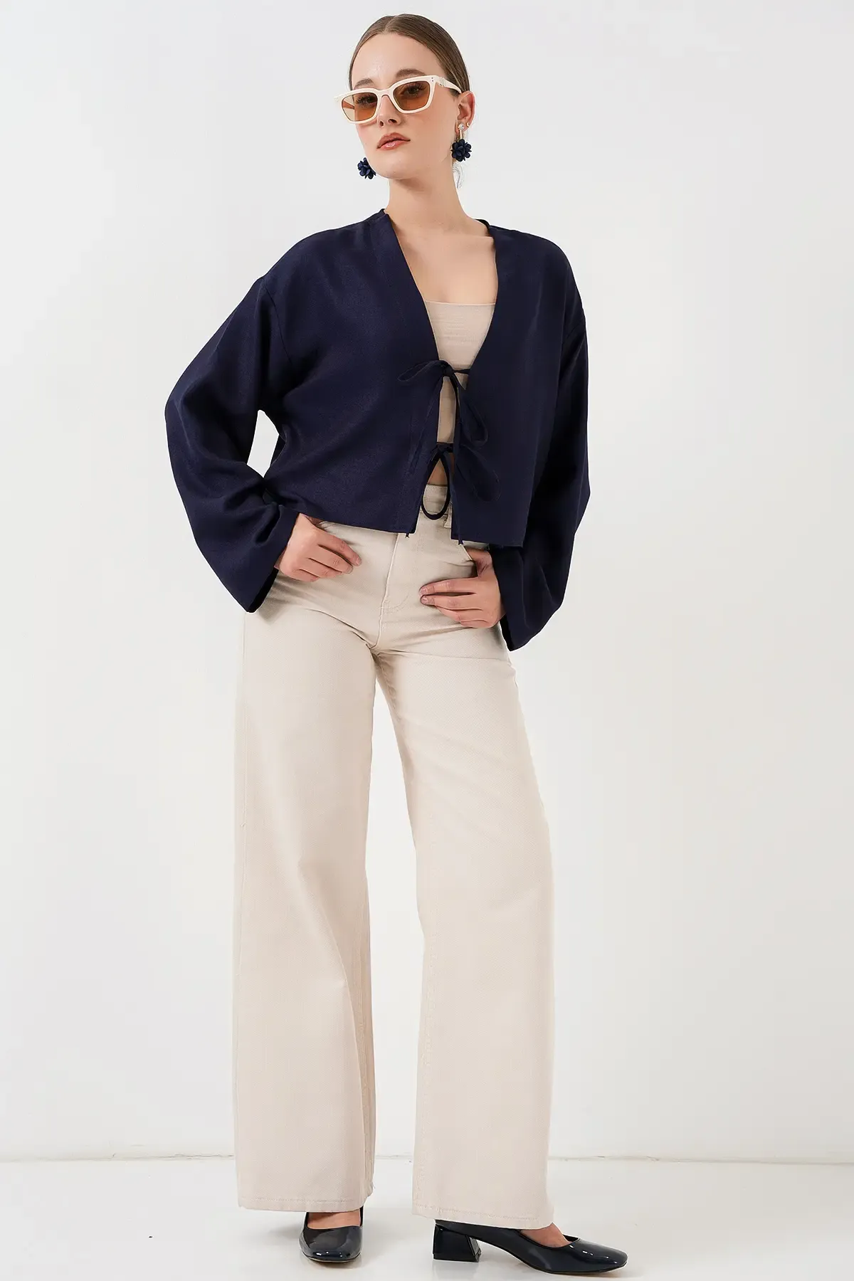 Önü Bağlamalı Keten Kimono 960 - Lacivert