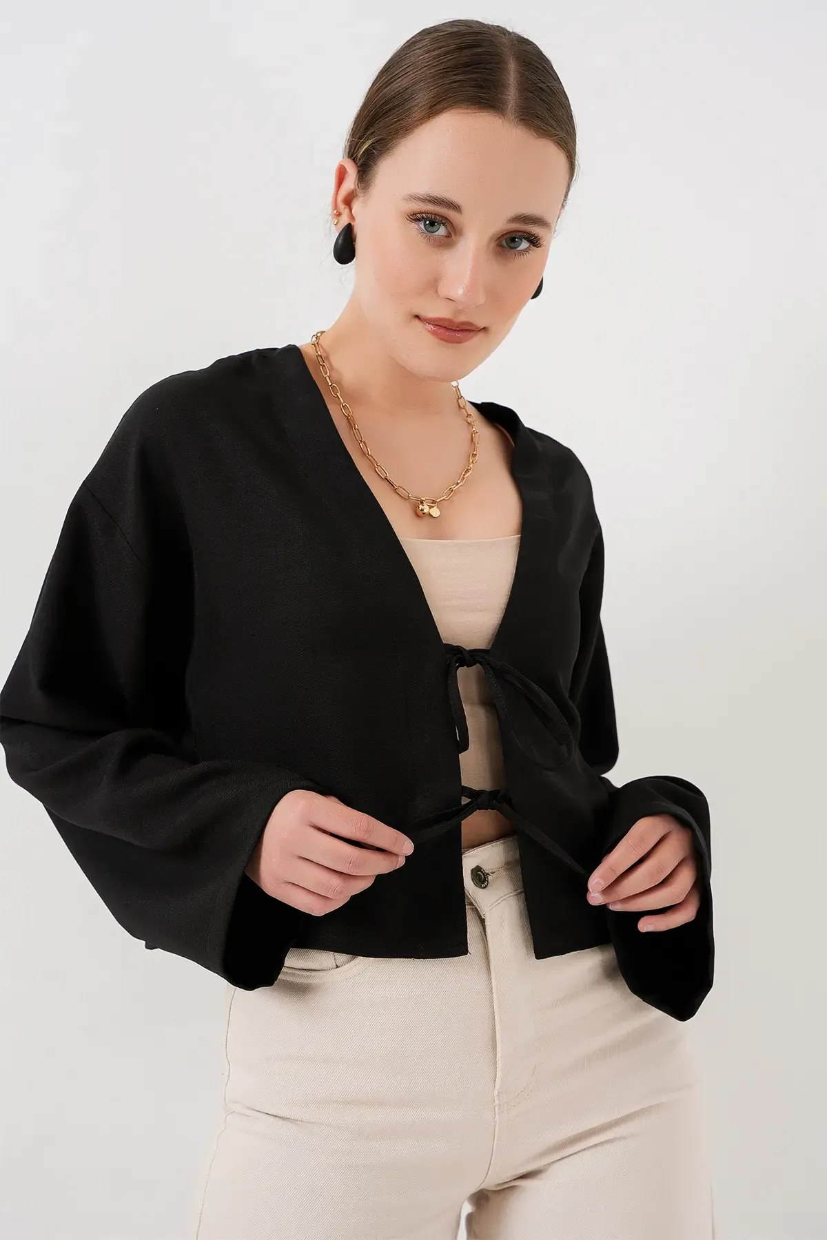 Önü Bağlamalı Keten Kimono 960 - Siyah