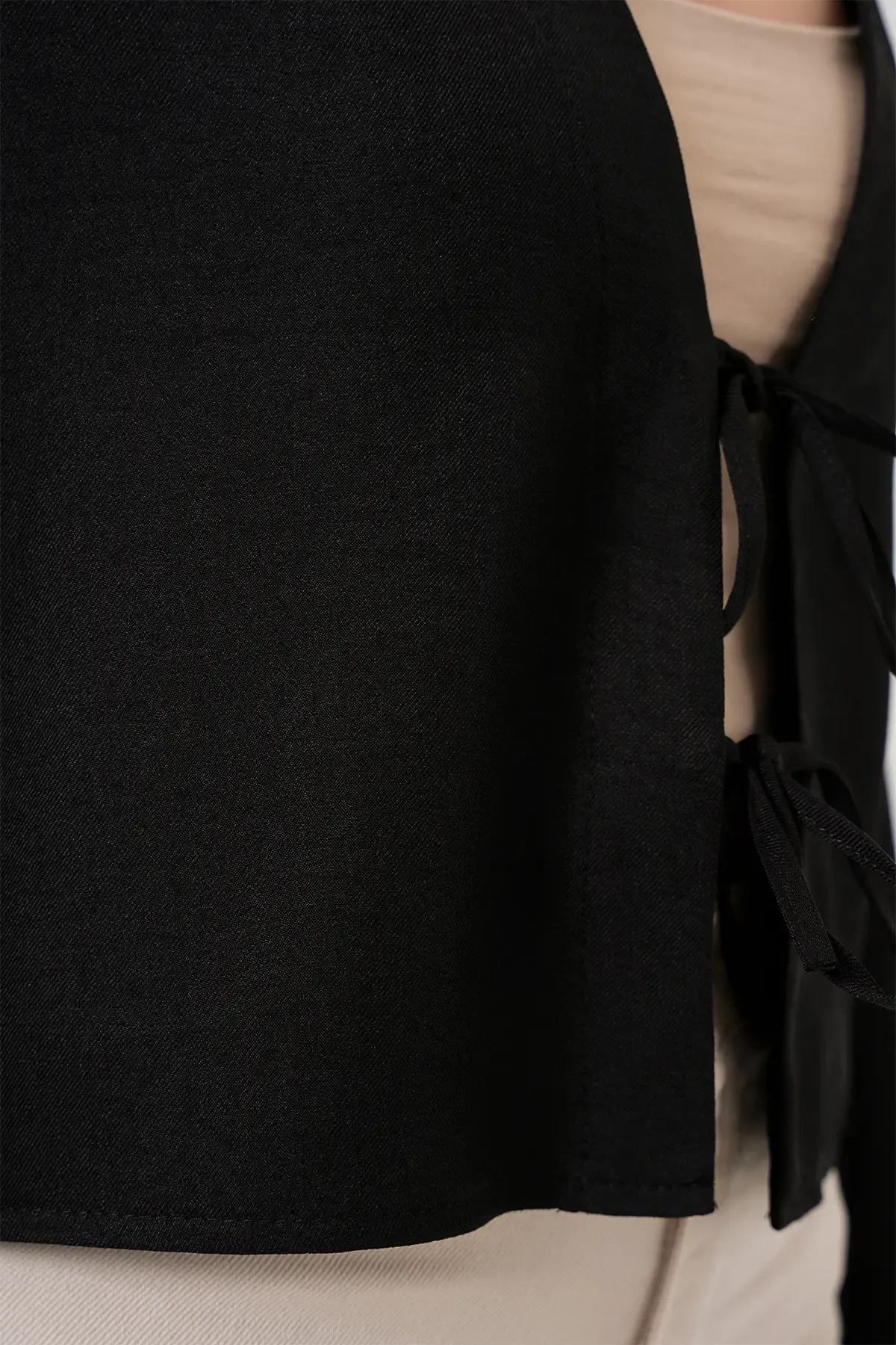 Önü Bağlamalı Keten Kimono 960 - Siyah