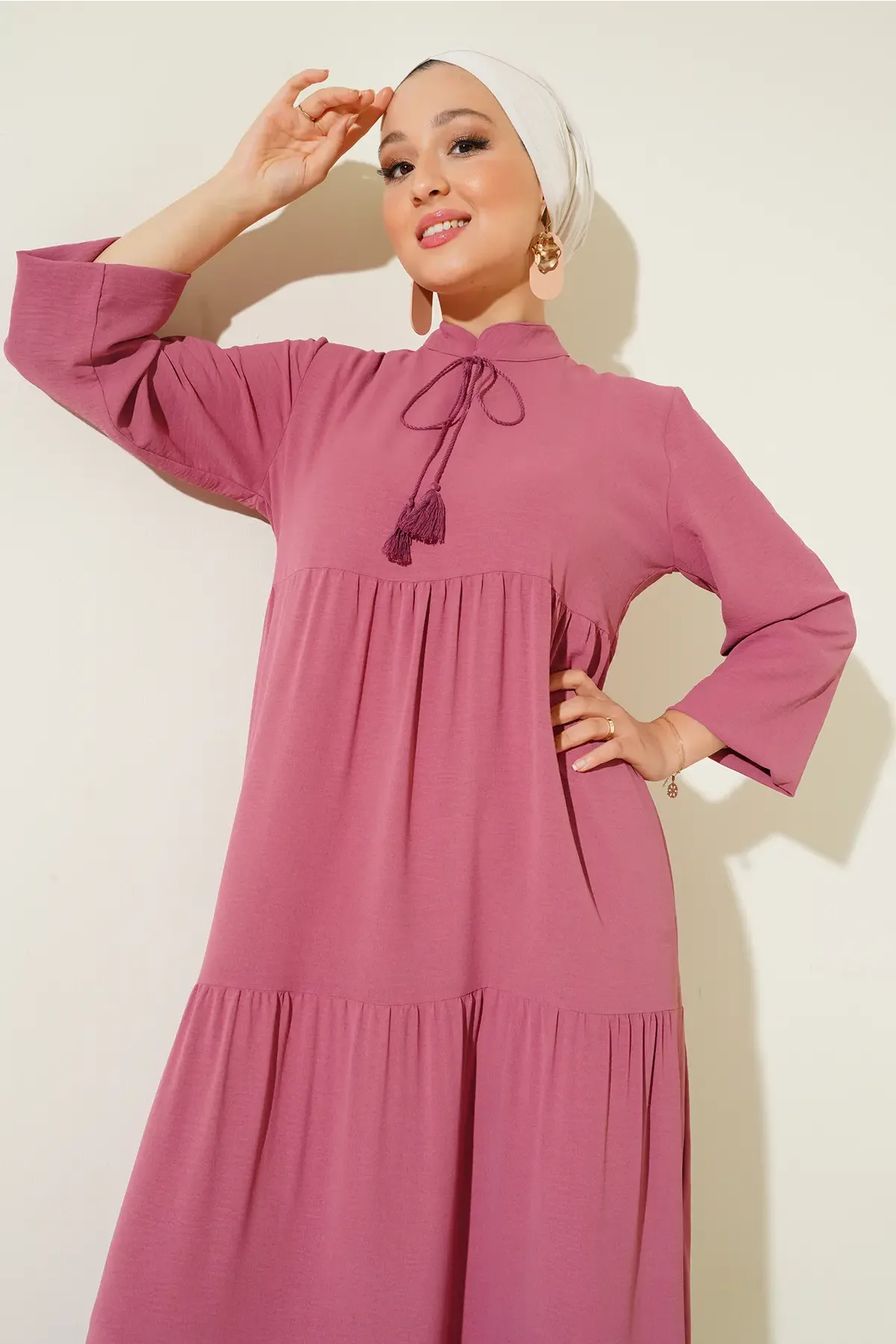 T1627 Yaka Bağcıklı Elbise - A. Pembe
