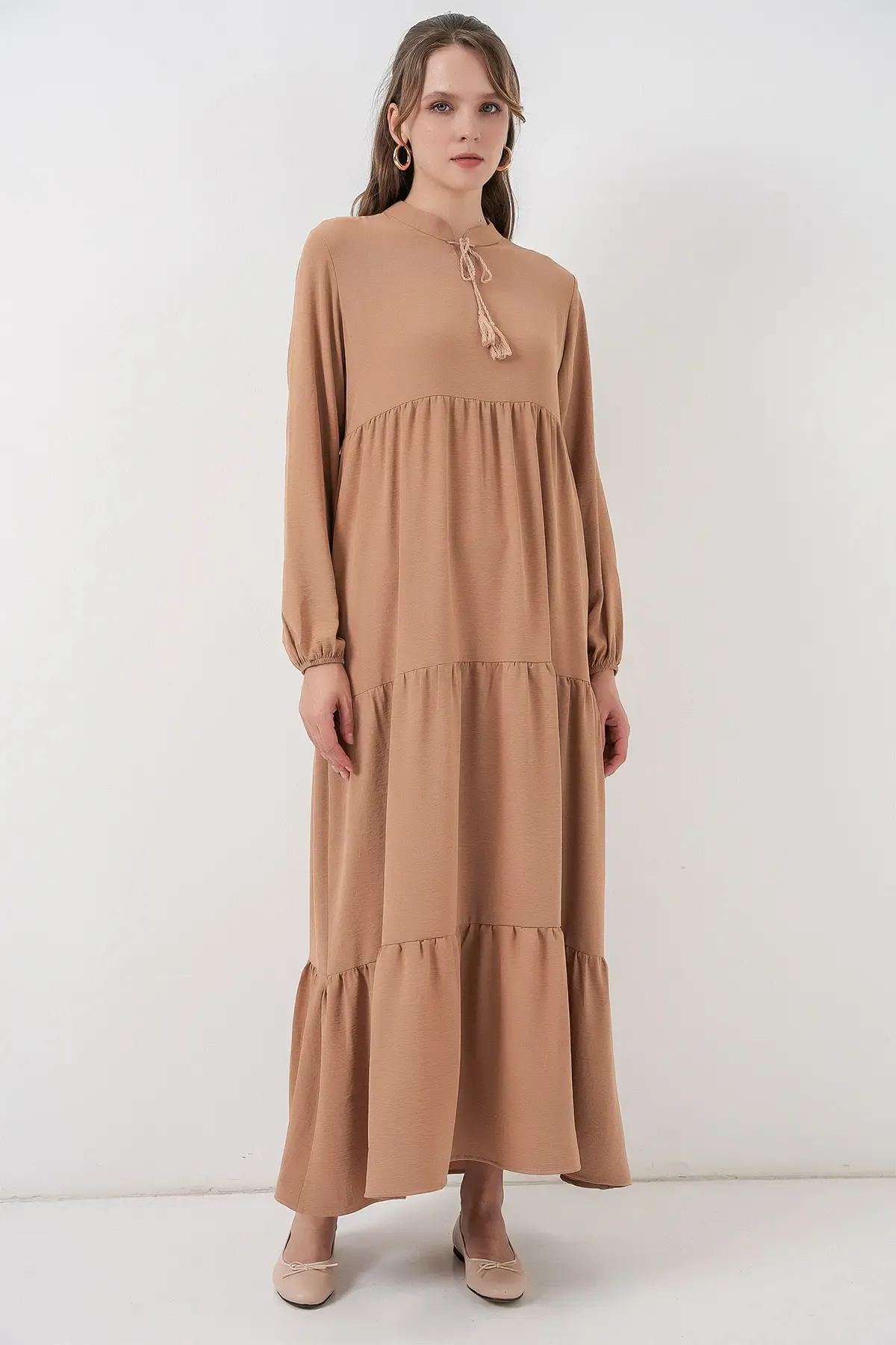 T1627 Yaka Bağcıklı Elbise - D.Vizon