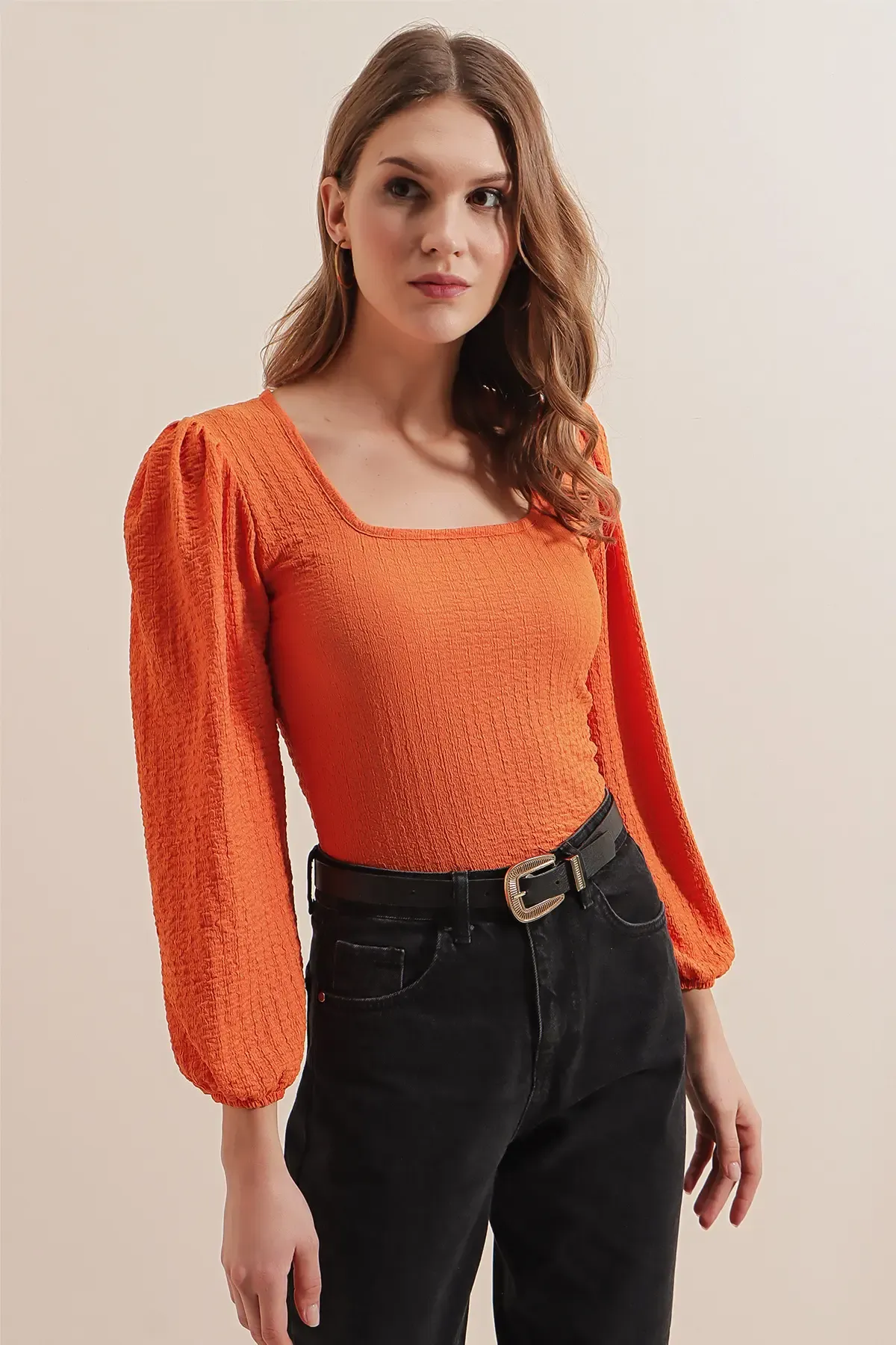 0442 Uzun Kollu Bluz - Turuncu