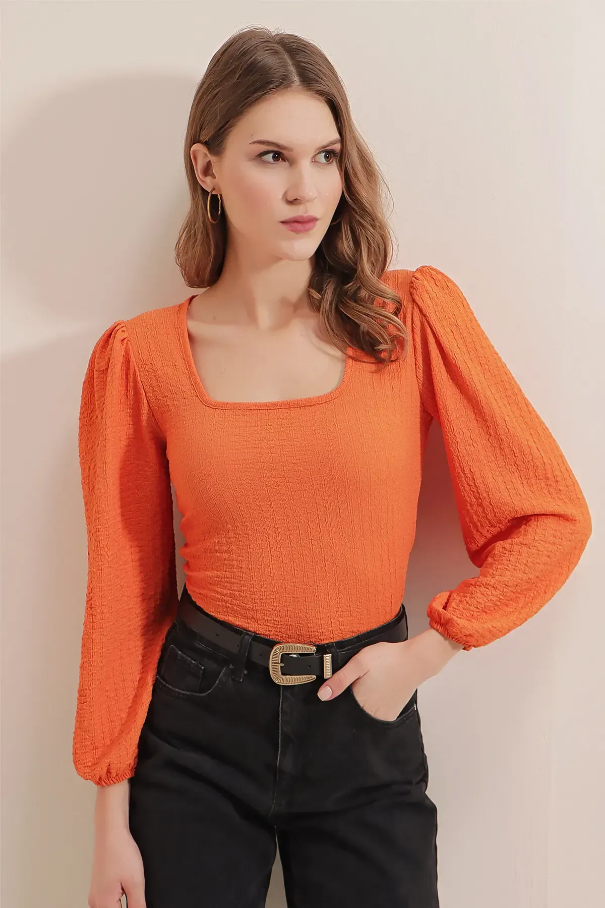 0442 Uzun Kollu Bluz - Turuncu