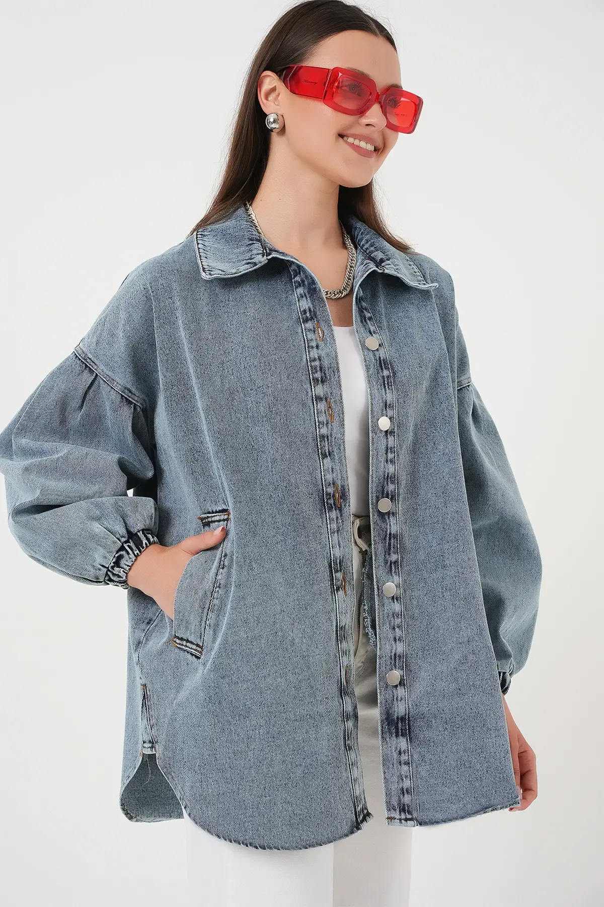 0662 Denim Balon Kollu Kot Ceket - Mavi