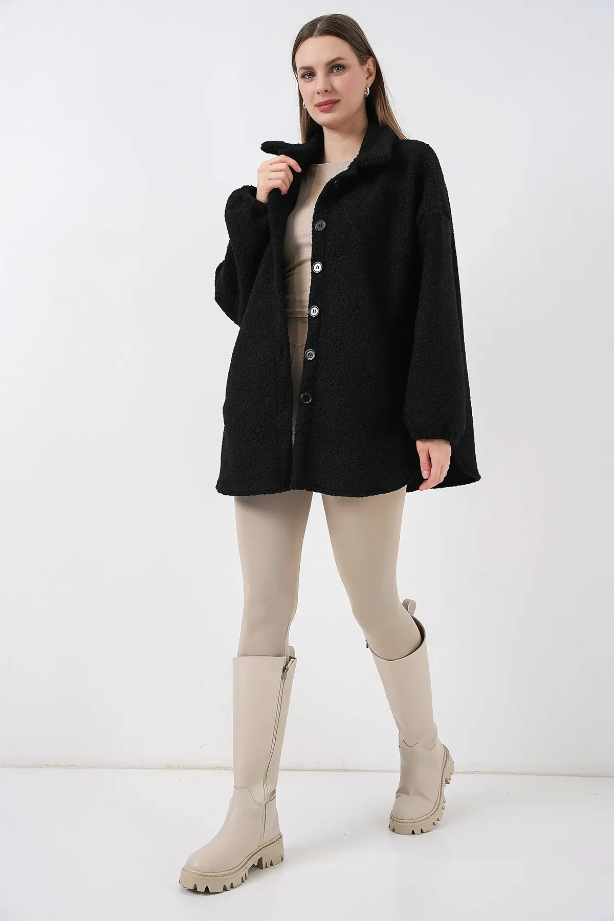 0675 Yün Karışımlı Buklet Ceket - Siyah