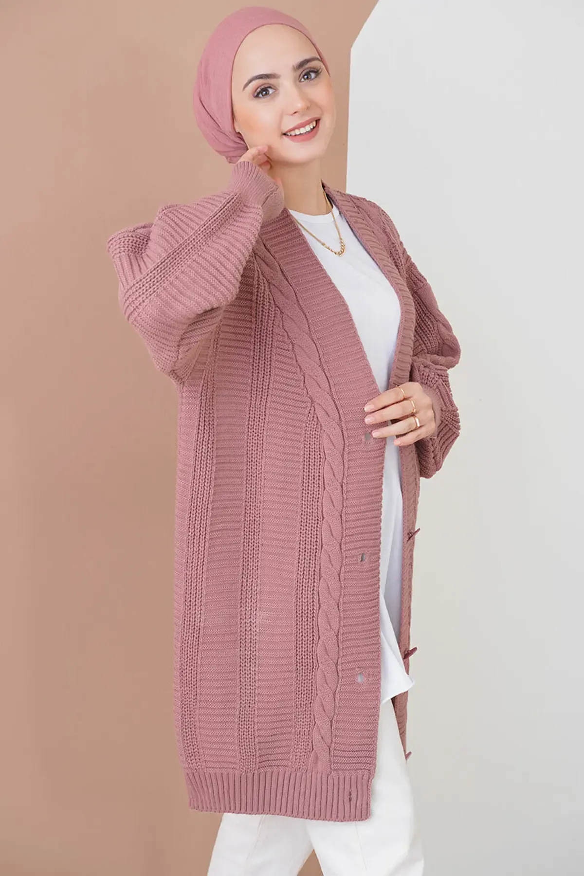 15768 Tesettür Triko Hırka - Gül Kurusu