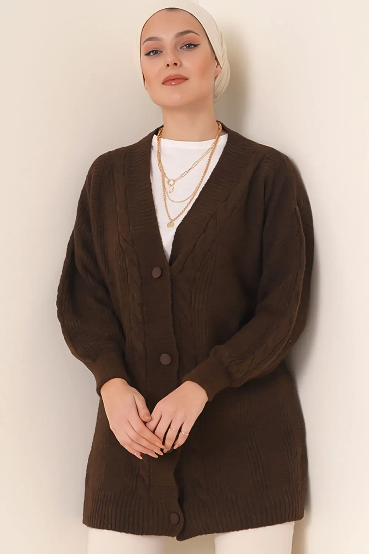 15768 Tesettür Triko Hırka - Kahverengi