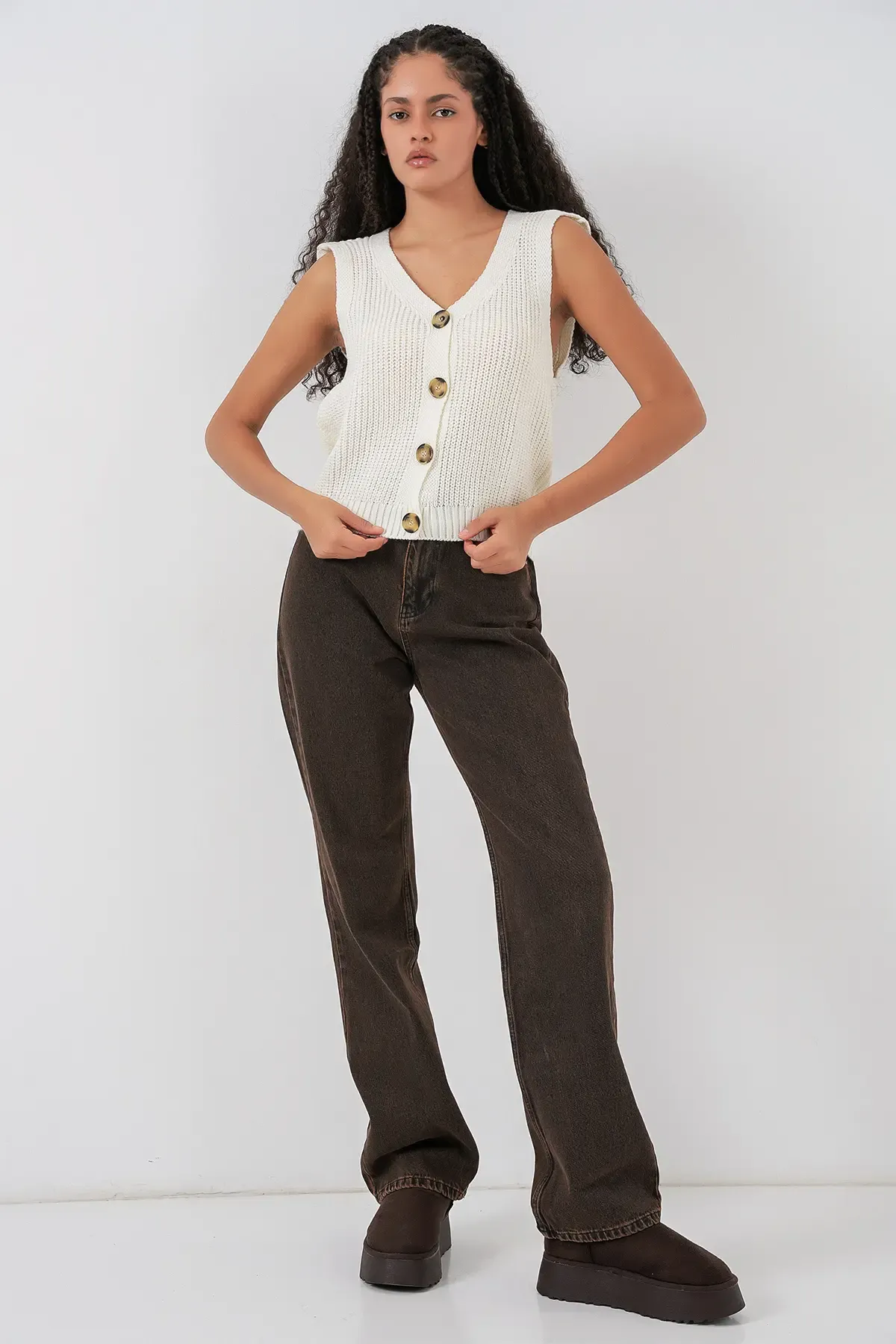 15881 Düğmeli Kısa Triko Yelek - Ekru